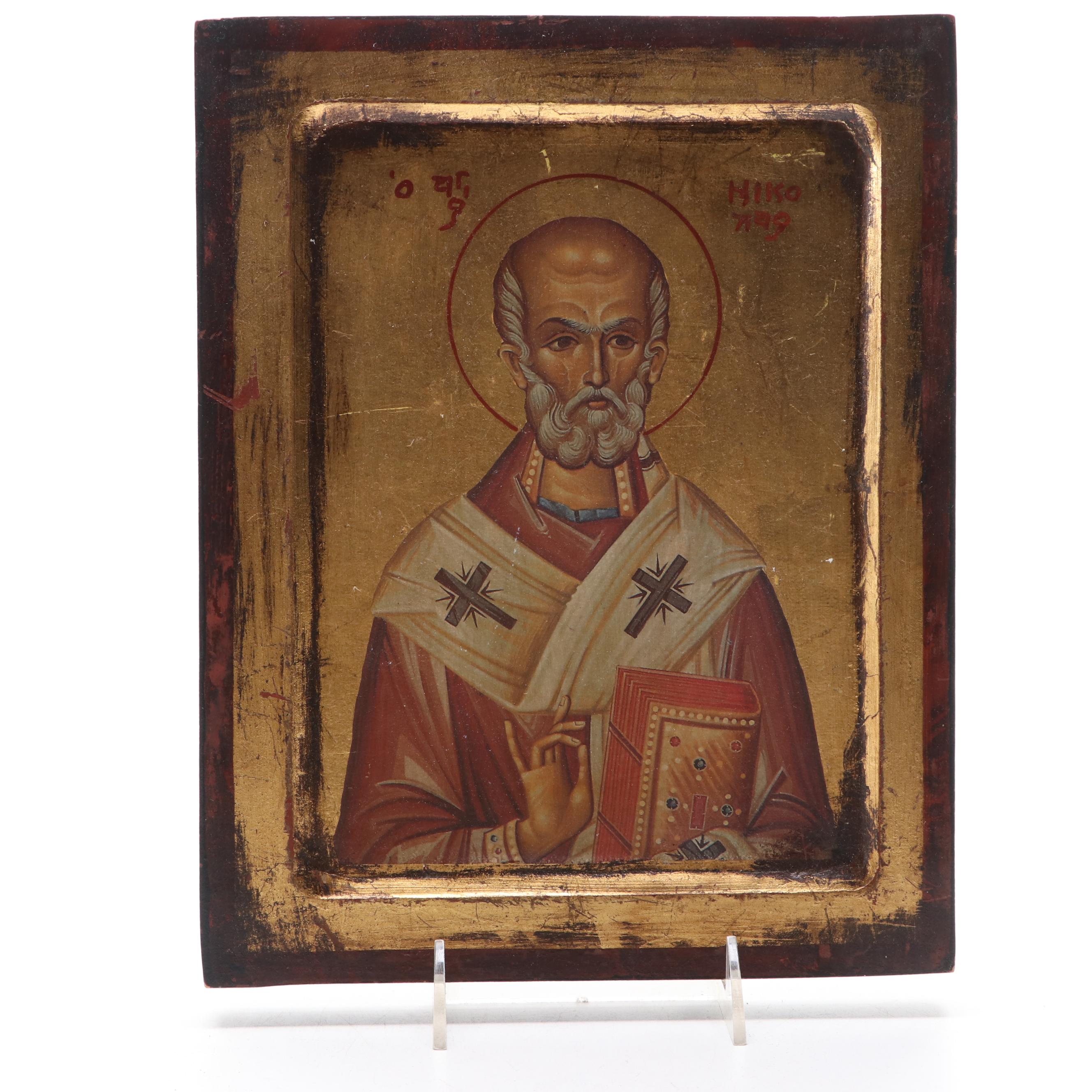Offset Lithographs on Gilt Wood Religious Icons of St. Nicholas and Angel
