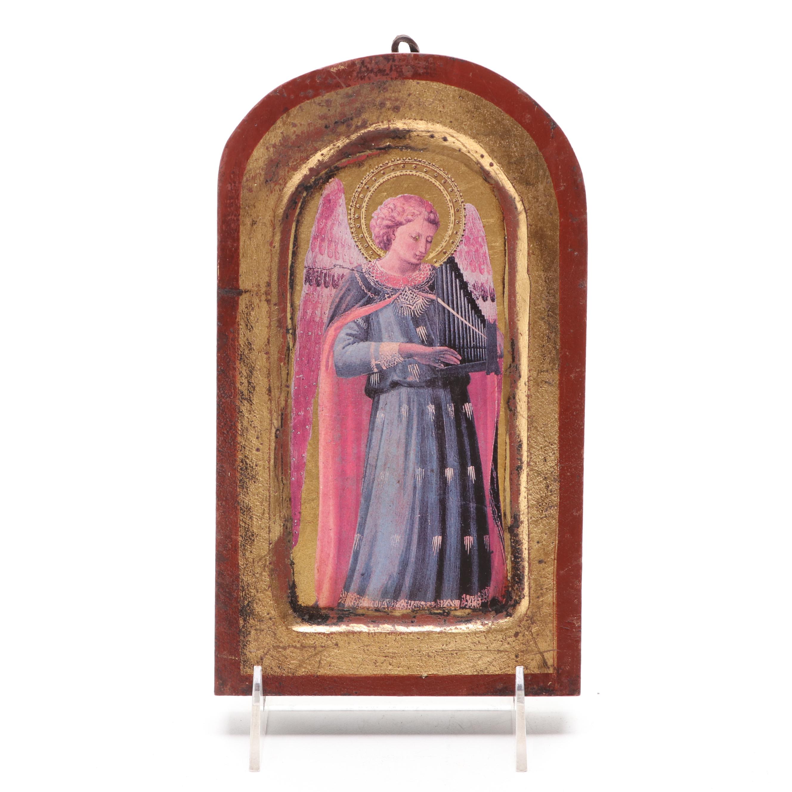 Offset Lithographs on Gilt Wood Religious Icons of St. Nicholas and Angel