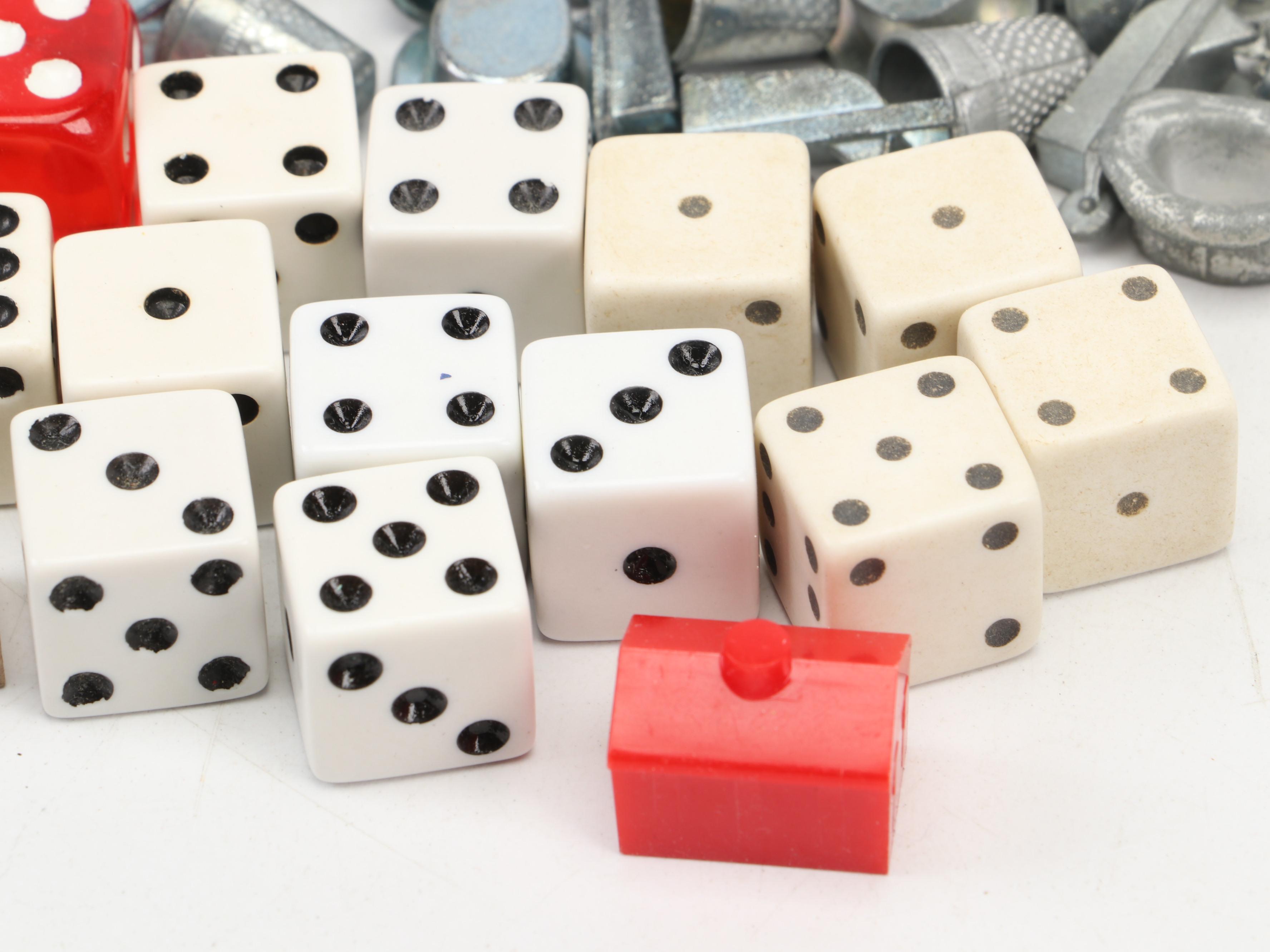 Cast Metal Monopoly Player Pieces, Wood and Plastic Hotel Game Pieces and Dice