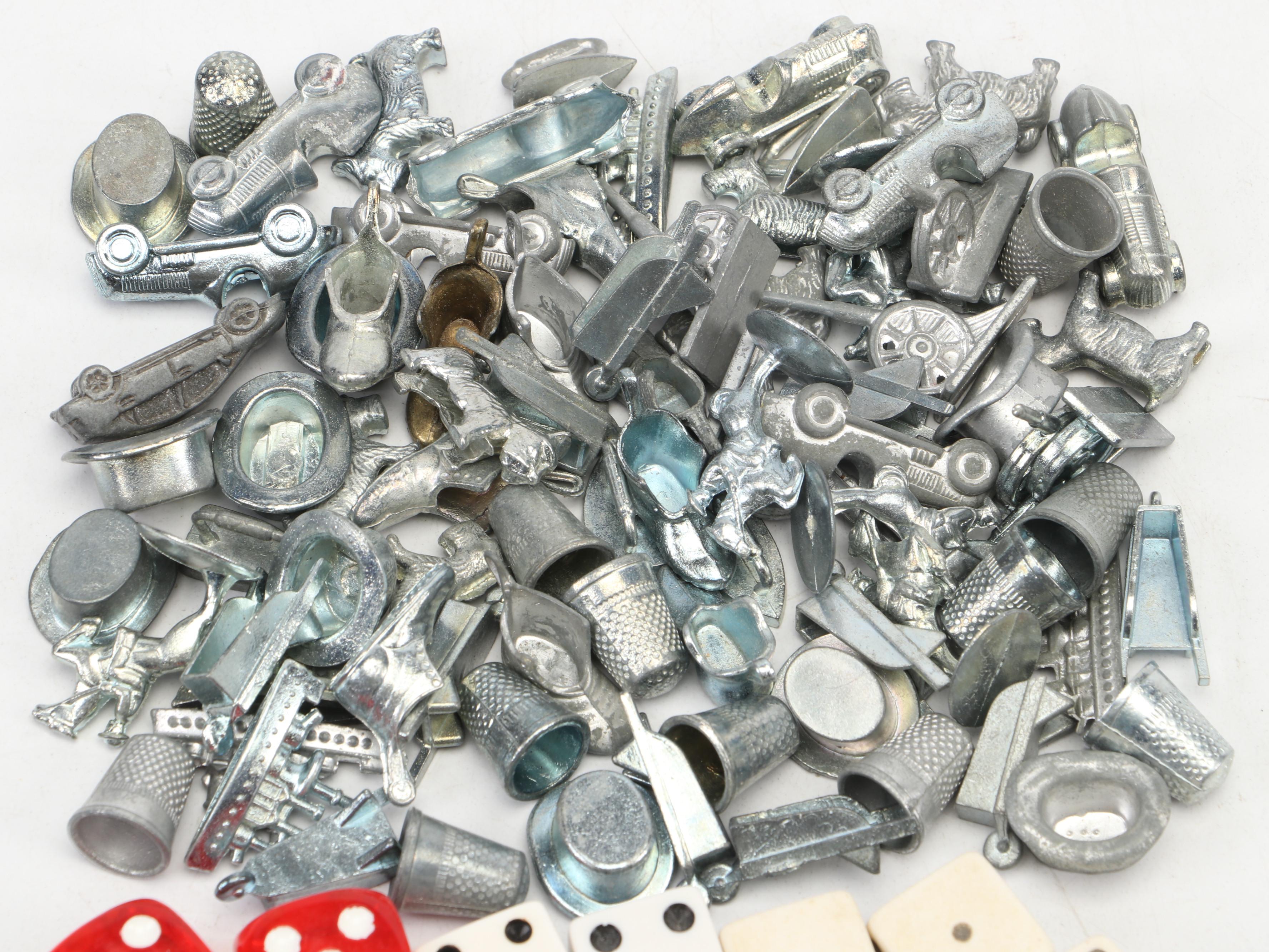 Cast Metal Monopoly Player Pieces, Wood and Plastic Hotel Game Pieces and Dice