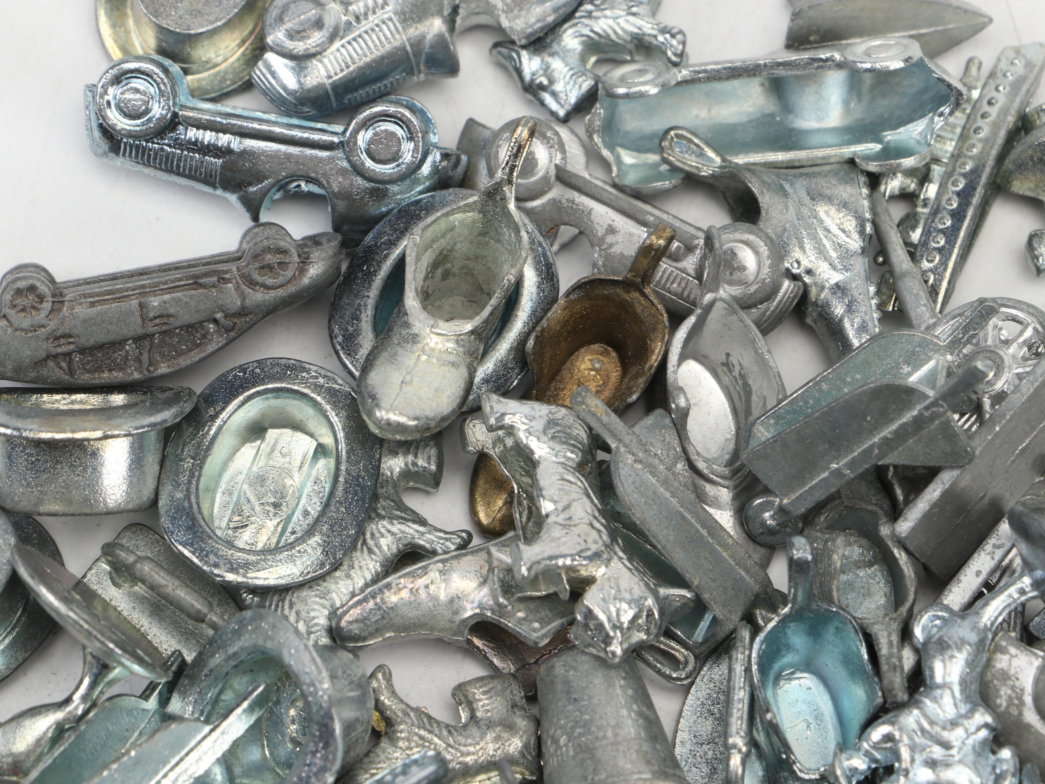 Cast Metal Monopoly Player Pieces, Wood and Plastic Hotel Game Pieces and Dice