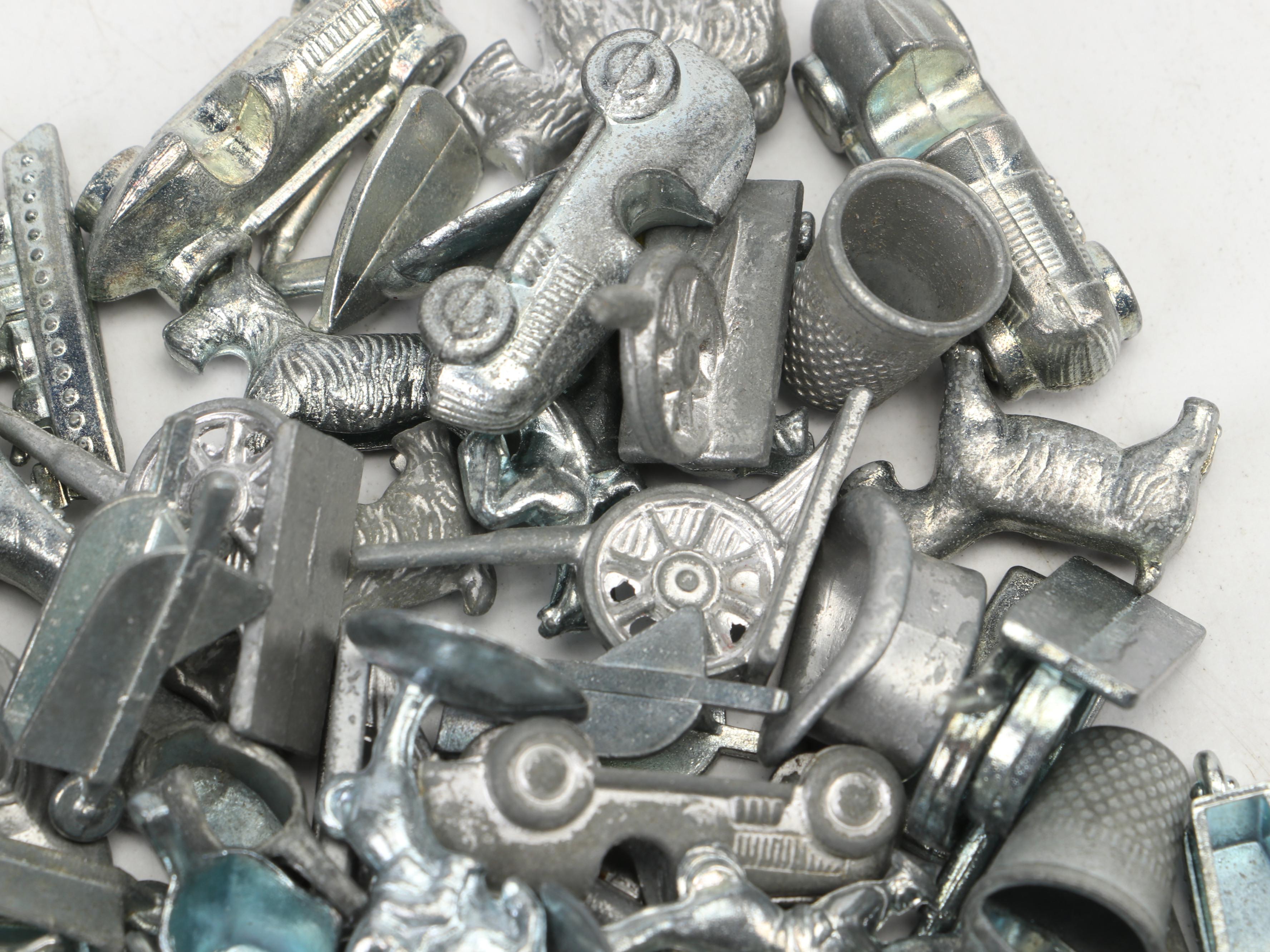 Cast Metal Monopoly Player Pieces, Wood and Plastic Hotel Game Pieces and Dice