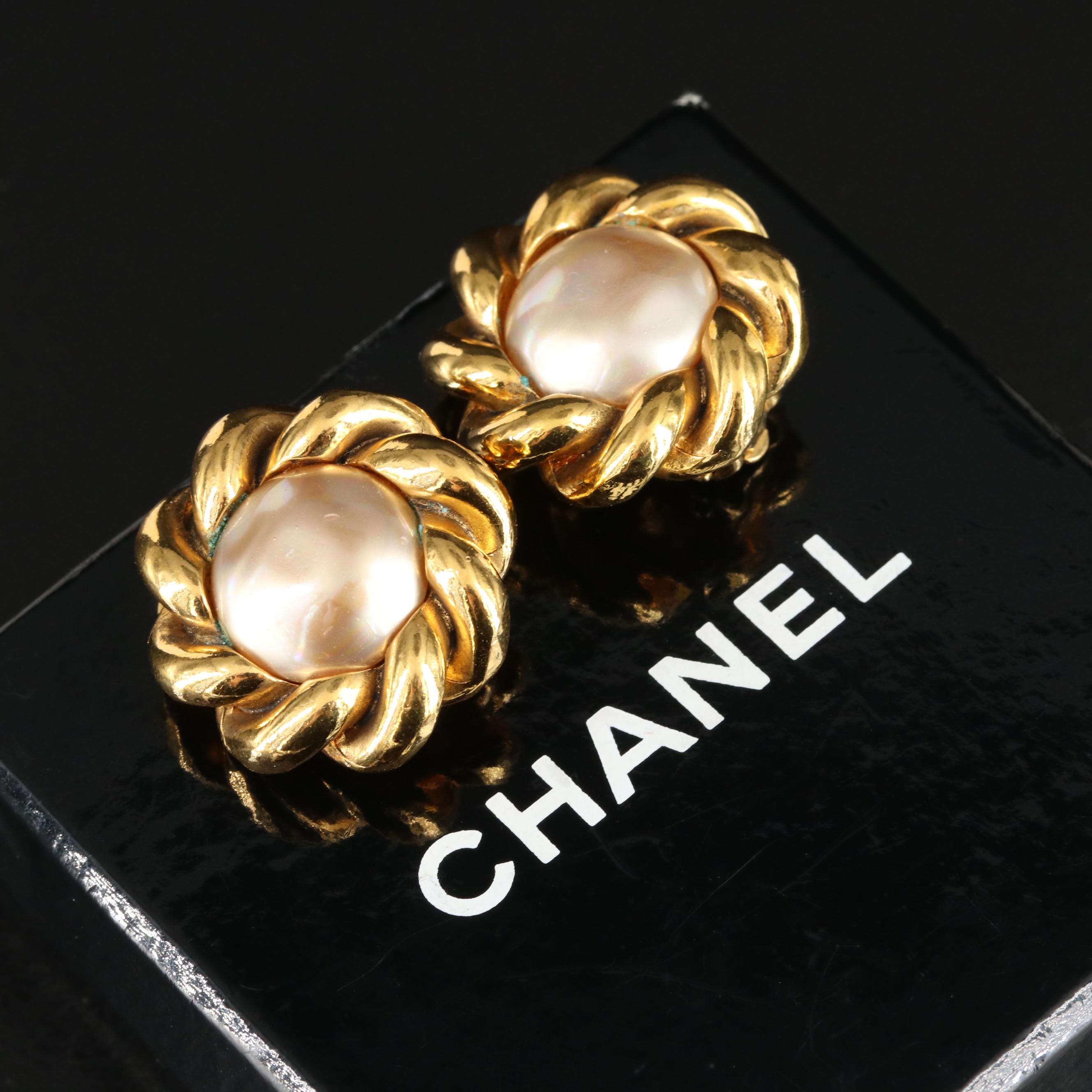 Chanel Faux Pearl Button Earrings