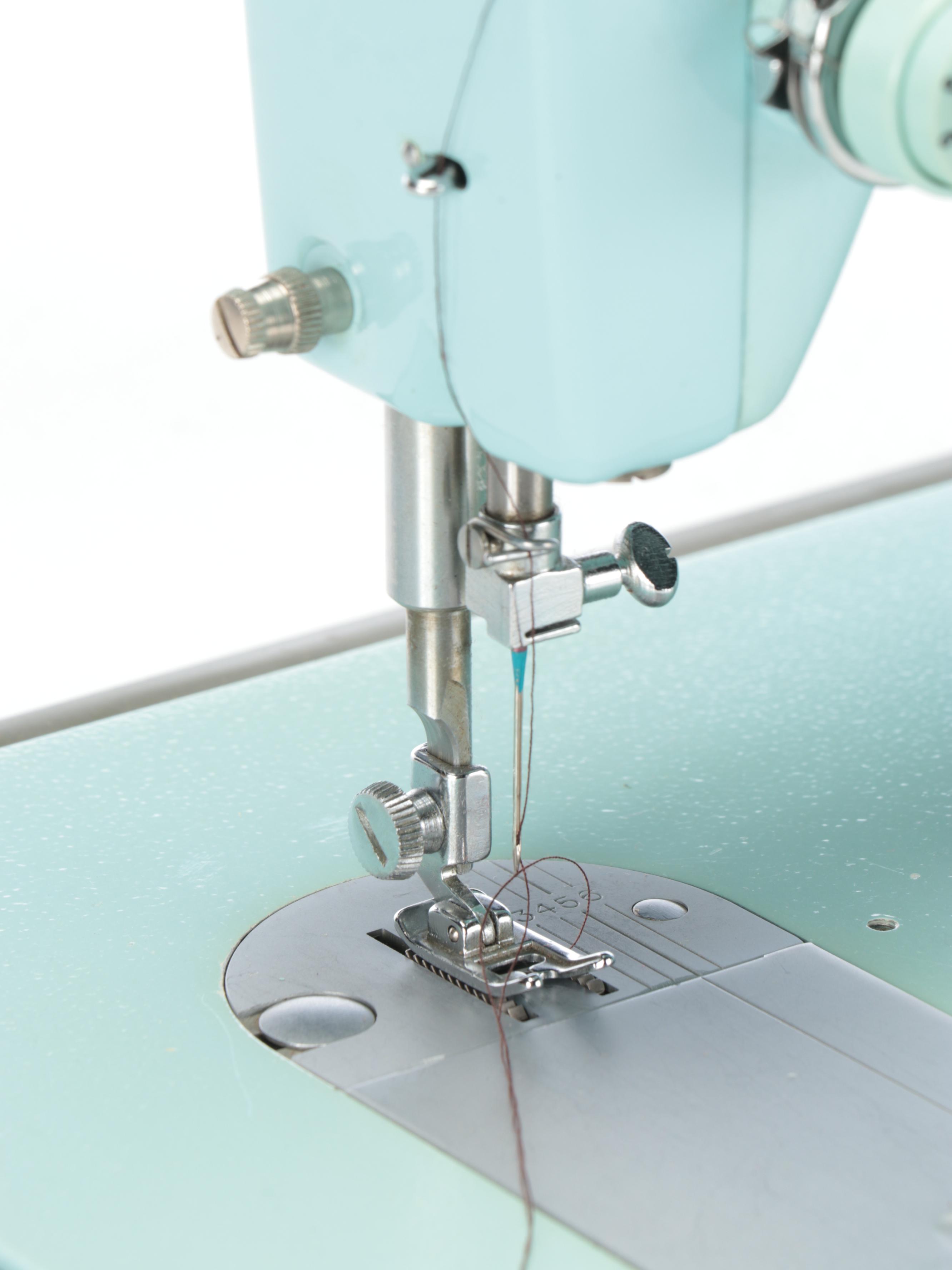 Singer Model 347 Turquoise Sewing Machine with Table and Stool