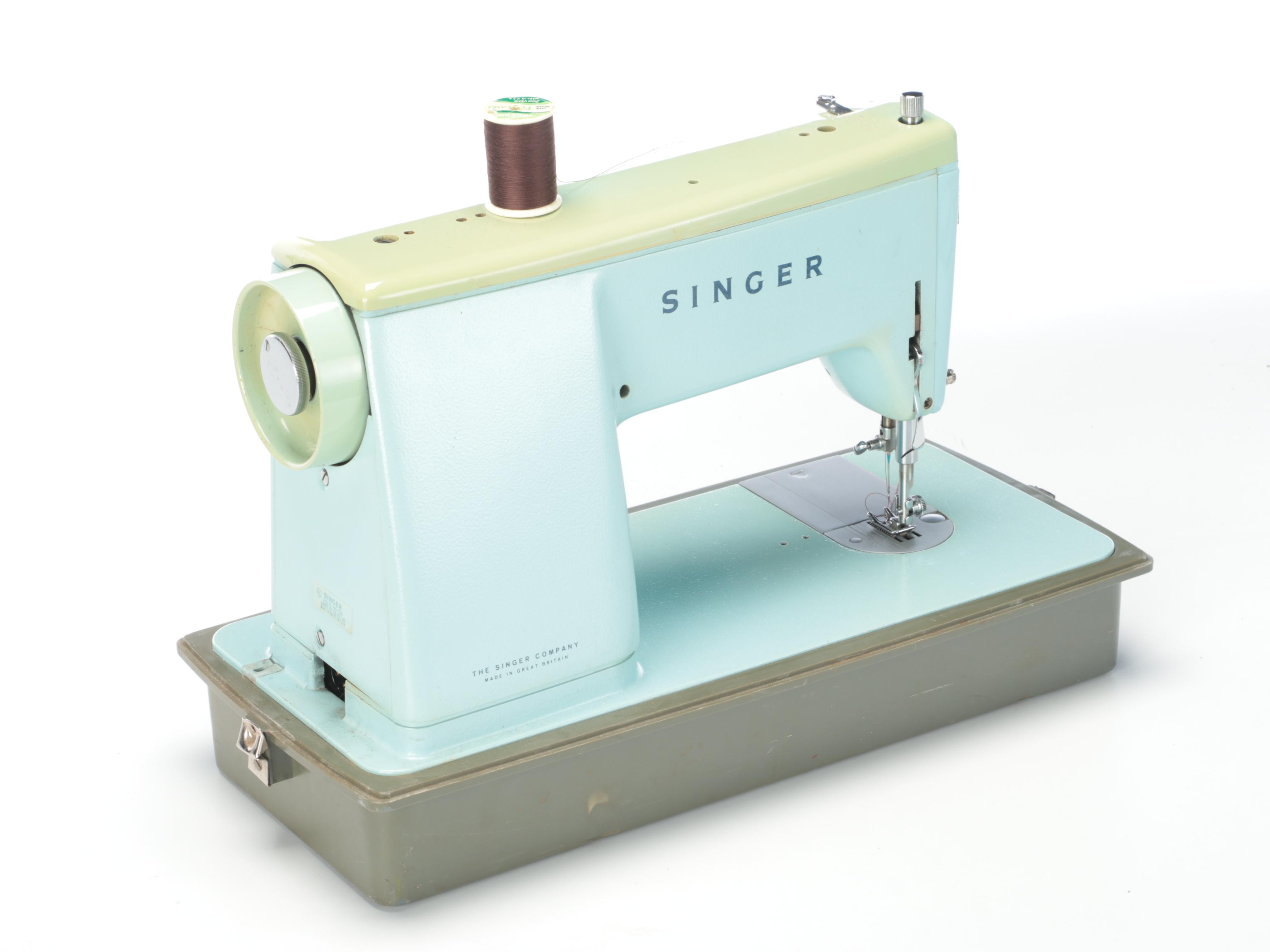 Singer Model 347 Turquoise Sewing Machine with Table and Stool