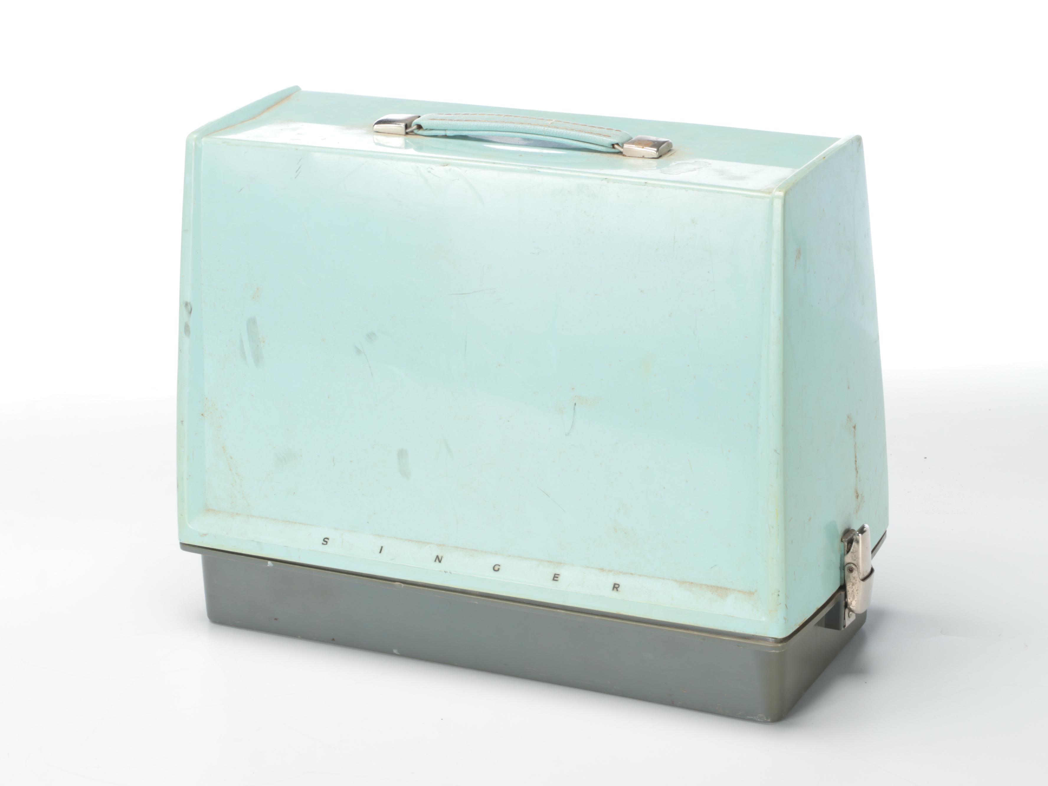 Singer Model 347 Turquoise Sewing Machine with Table and Stool