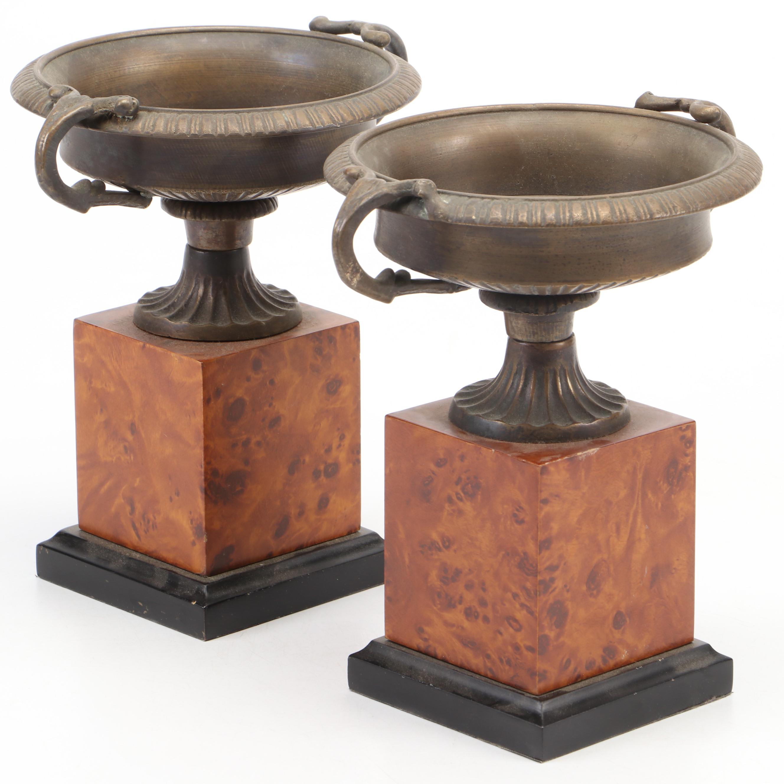 Cast Copper Alloy Urns on Burl-Patterned Bases, Late 20th Century