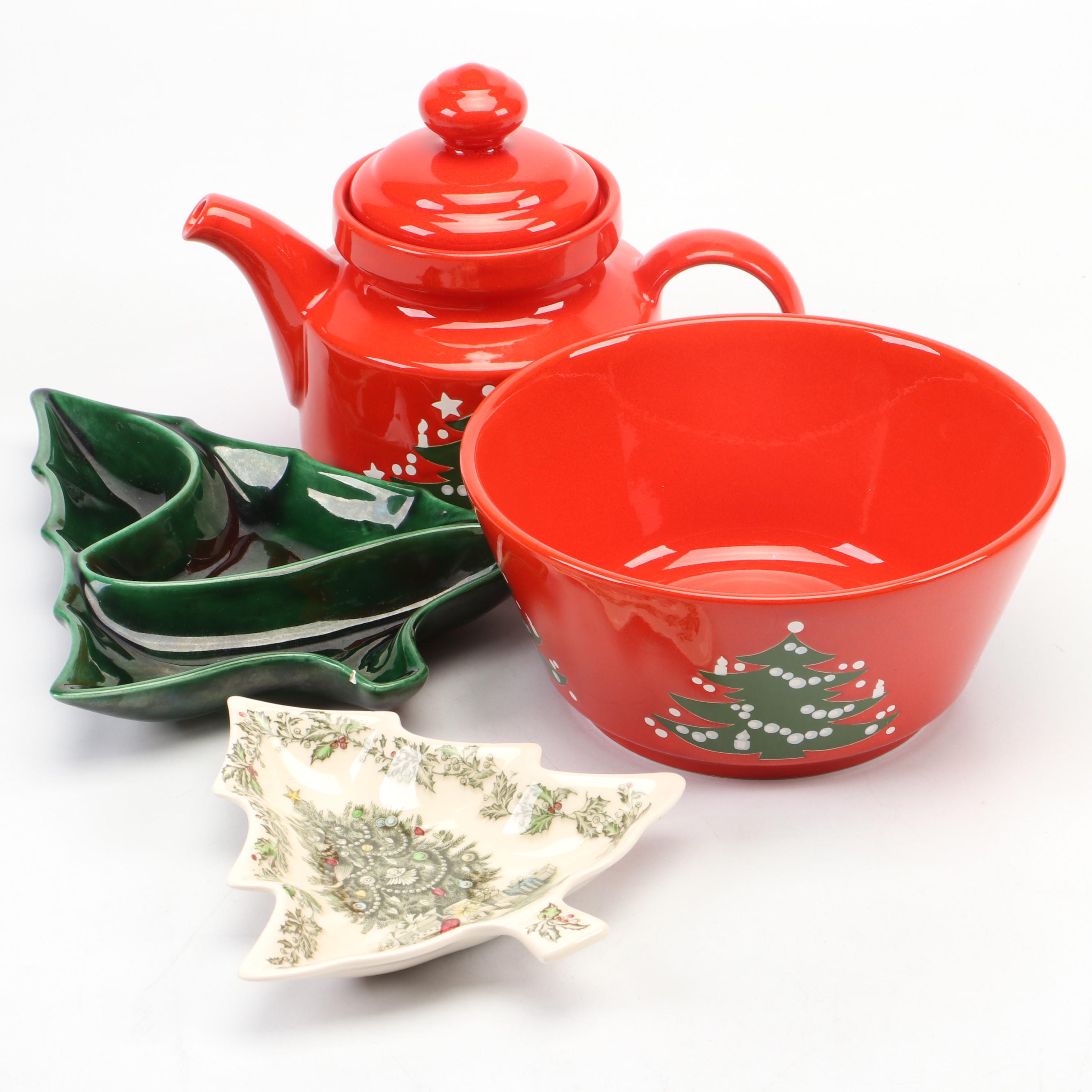 Johnson Bros. Transferware Christmas Tree Dish and Other Ceramic Tableware