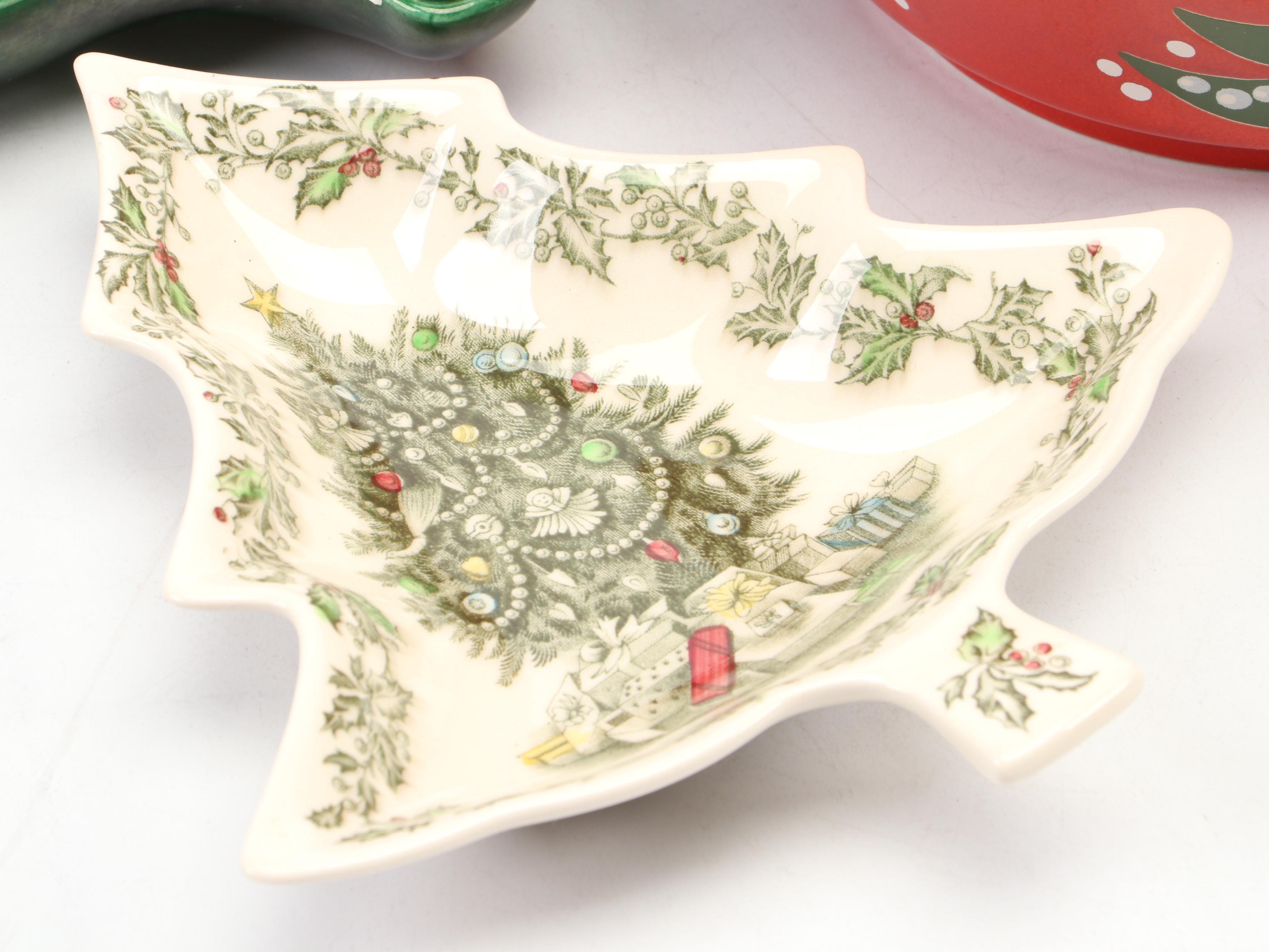 Johnson Bros. Transferware Christmas Tree Dish and Other Ceramic Tableware