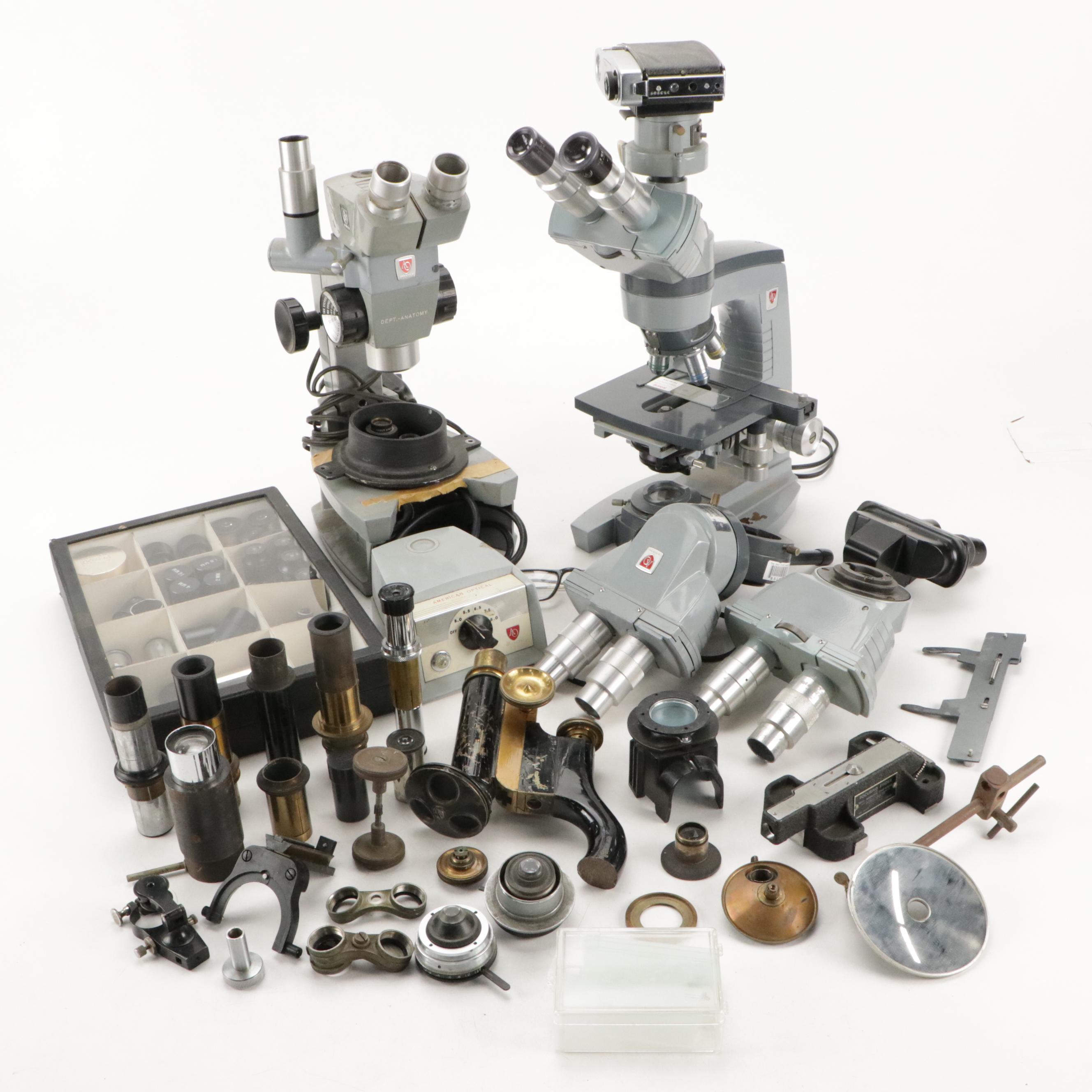 American Optical Microscopes With Assorted Lenses, Eyepieces, Adaptors, More