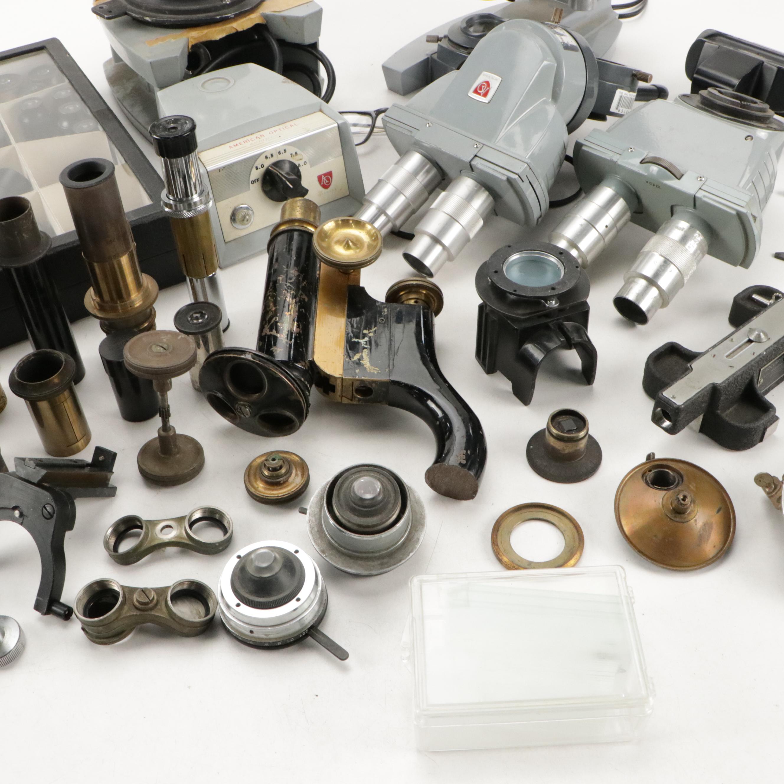 American Optical Microscopes With Assorted Lenses, Eyepieces, Adaptors, More