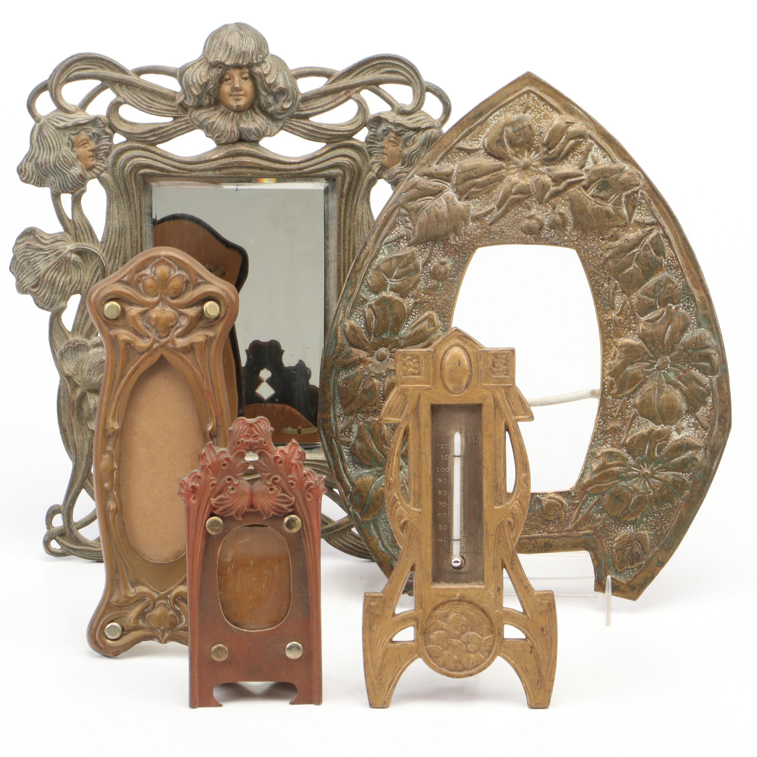 Art Nouveau Cast Gilt Metal Vanity Mirror with Frames and Thermometer