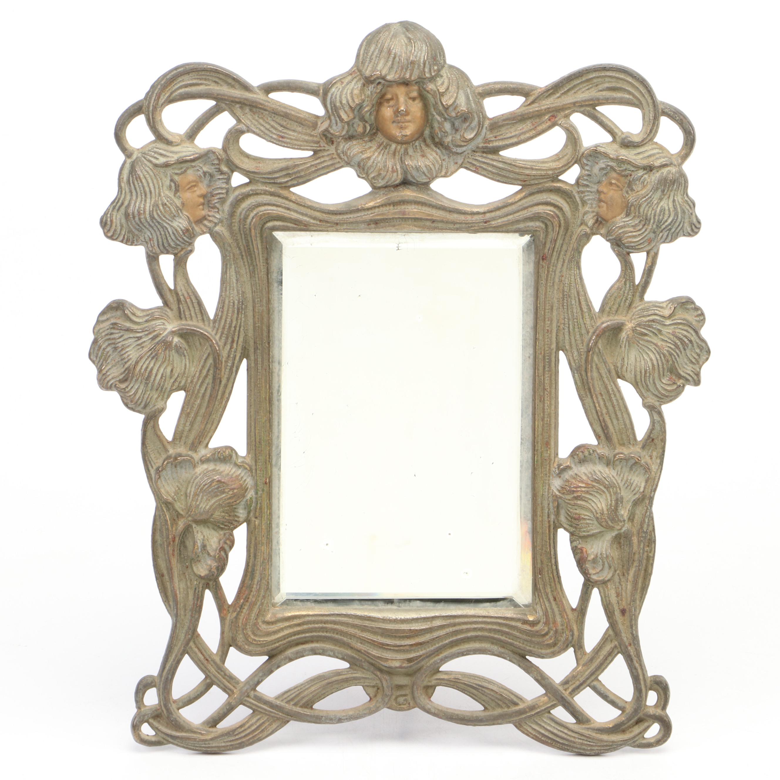 Art Nouveau Cast Gilt Metal Vanity Mirror with Frames and Thermometer