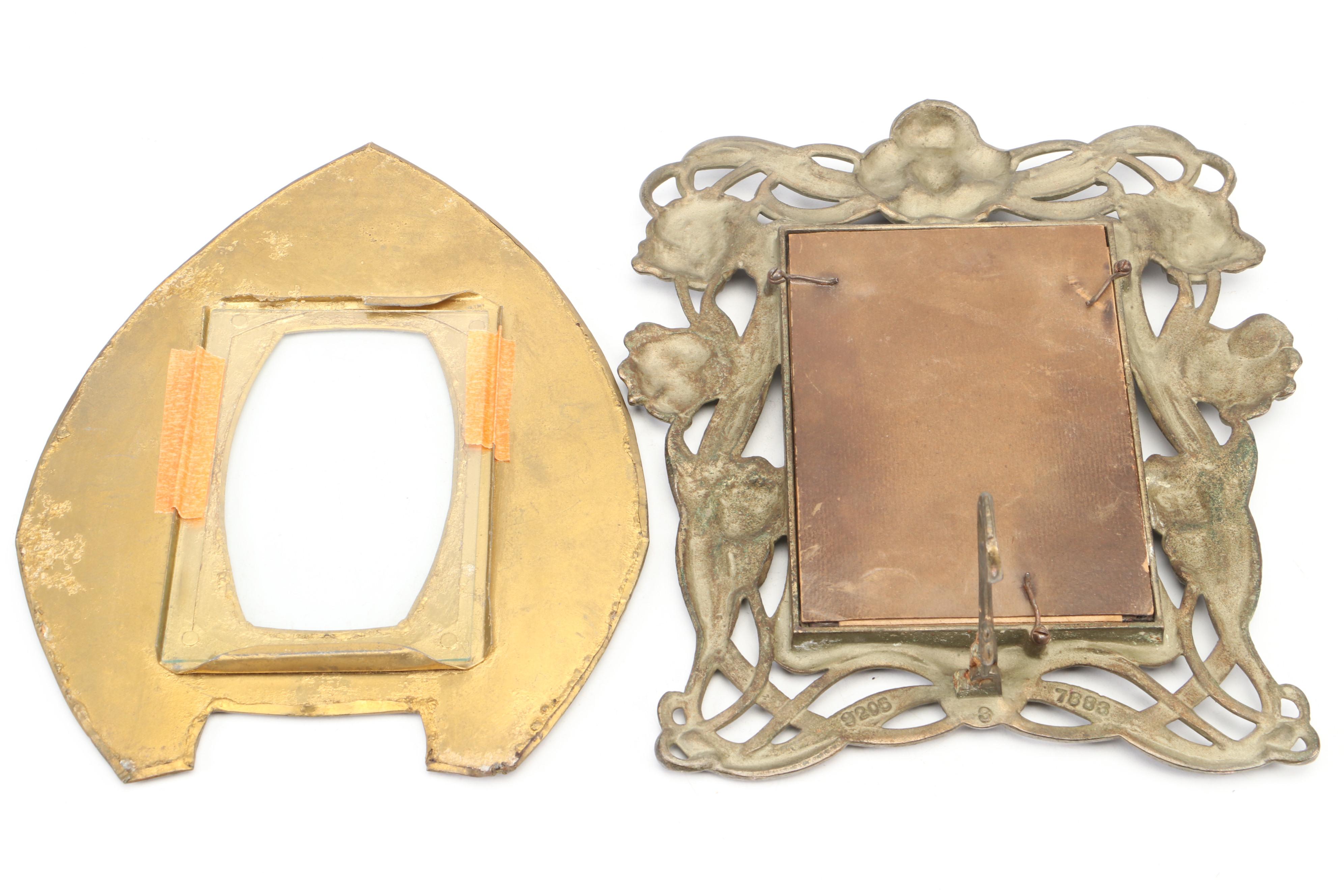 Art Nouveau Cast Gilt Metal Vanity Mirror with Frames and Thermometer