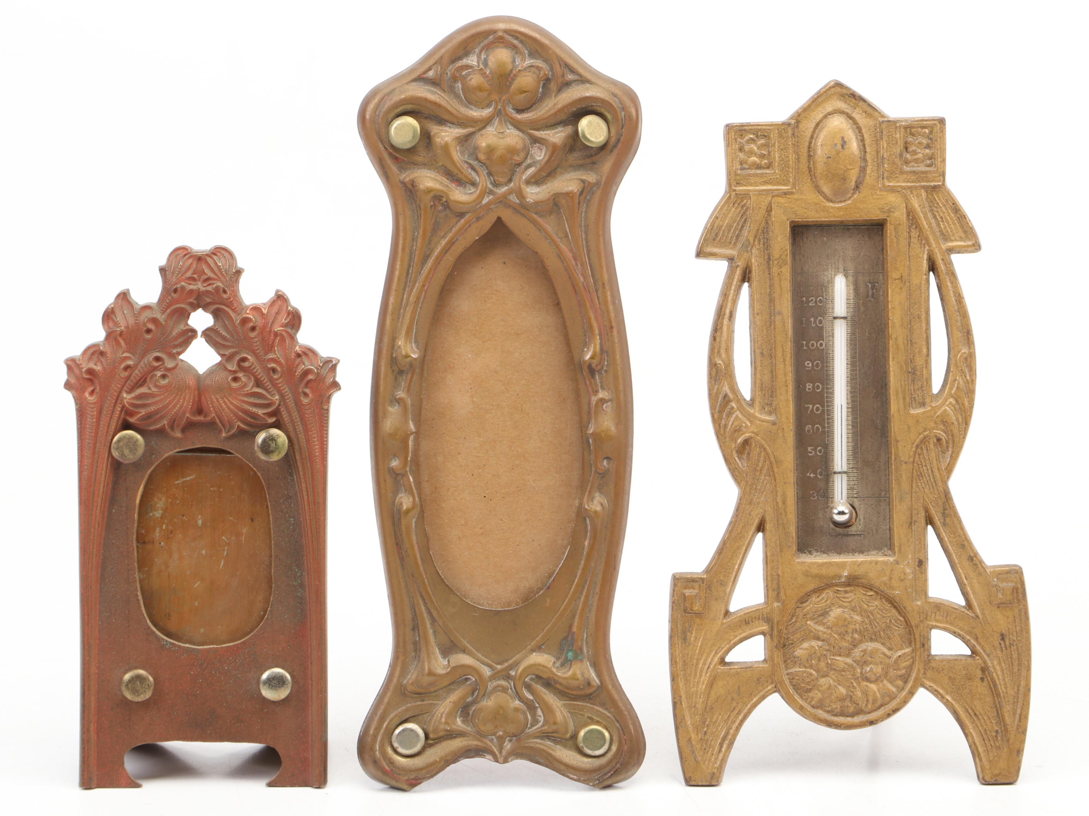 Art Nouveau Cast Gilt Metal Vanity Mirror with Frames and Thermometer