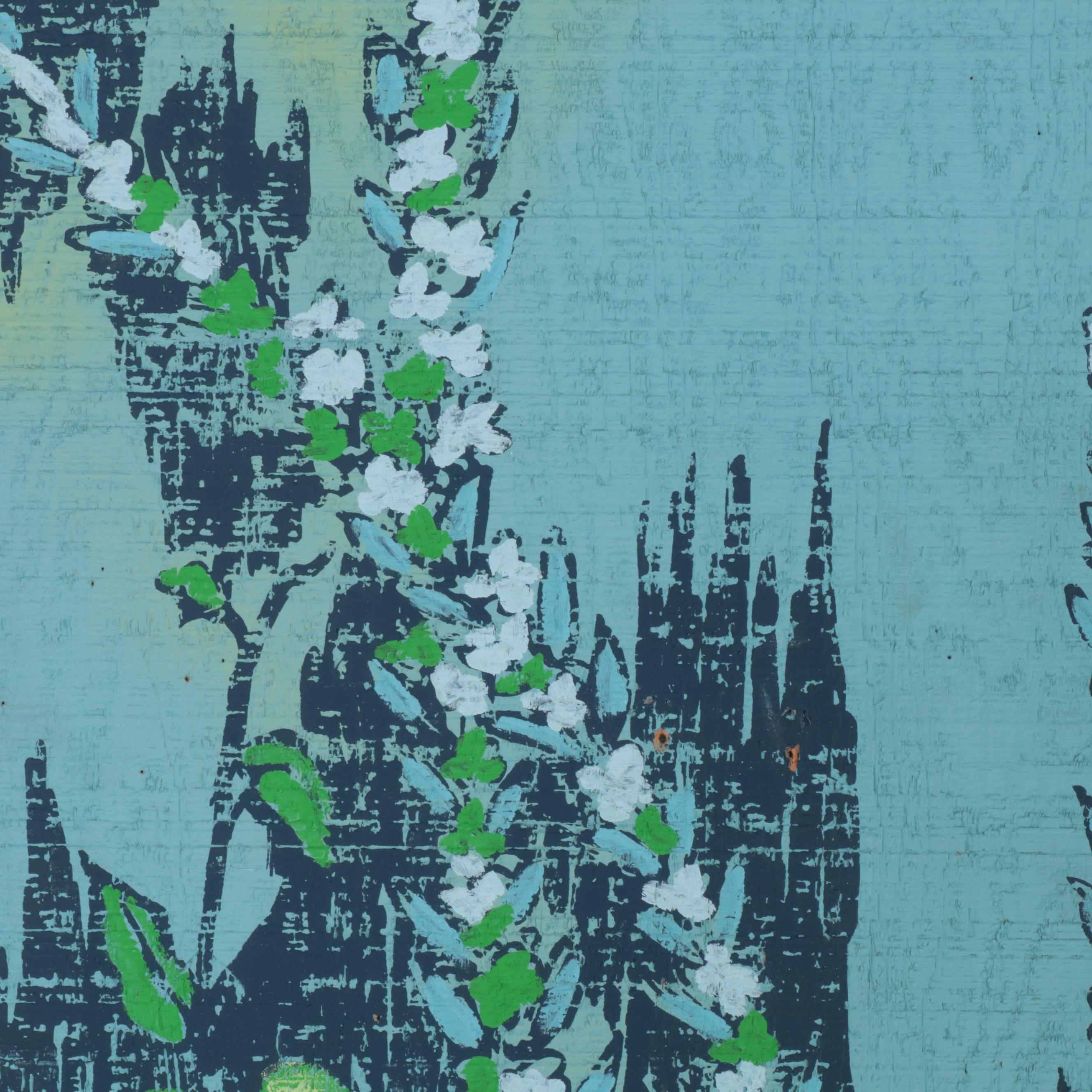 Three Mid Century Modern Floral-Painted Wooden Panels