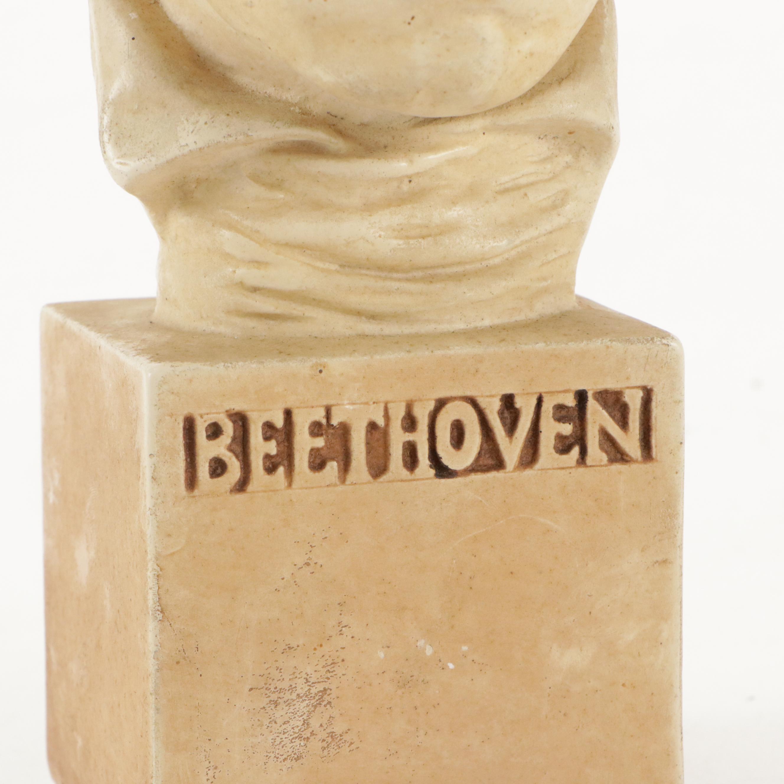 Painted Plaster Beethoven Bust with Embossed Uniface Metal Plaque