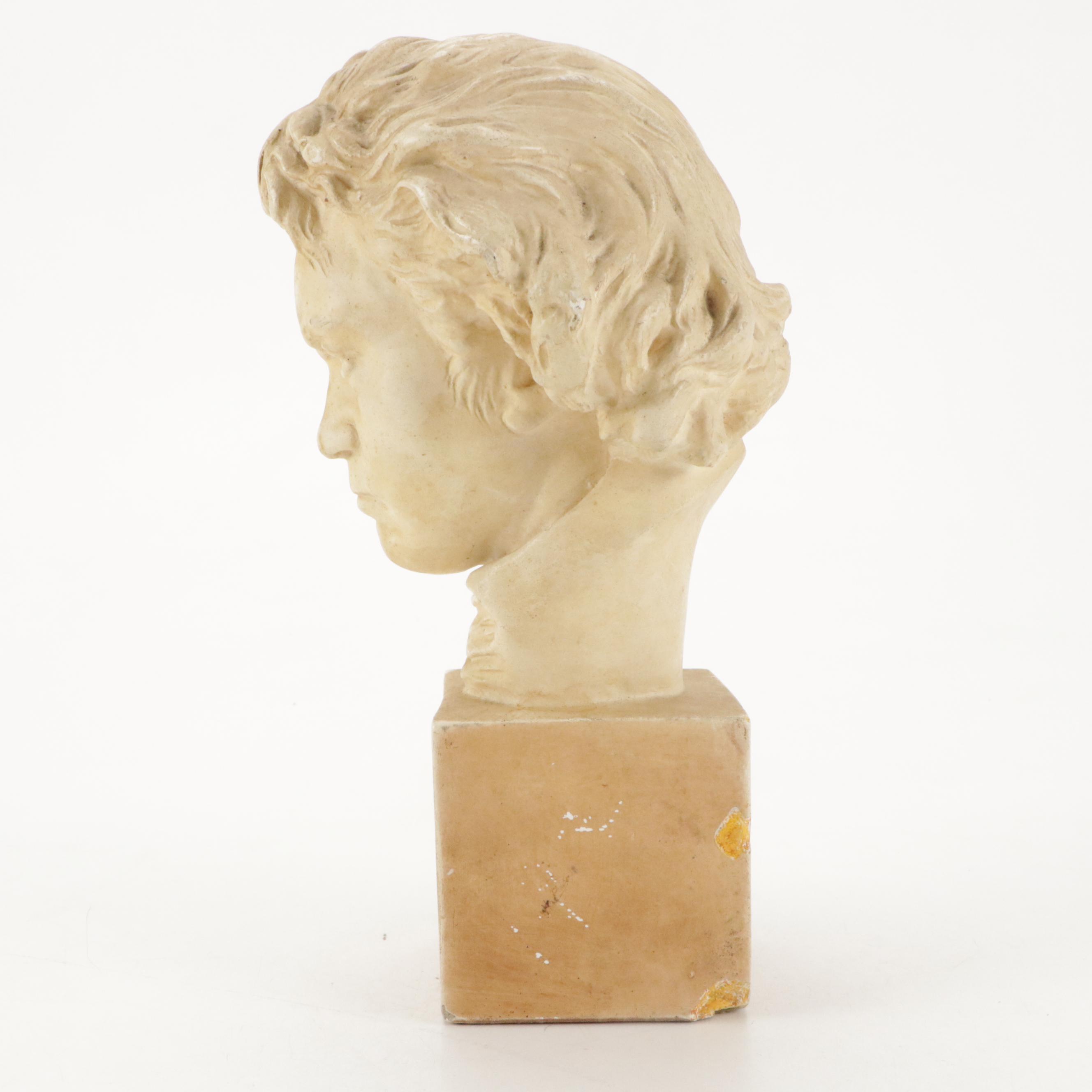 Painted Plaster Beethoven Bust with Embossed Uniface Metal Plaque