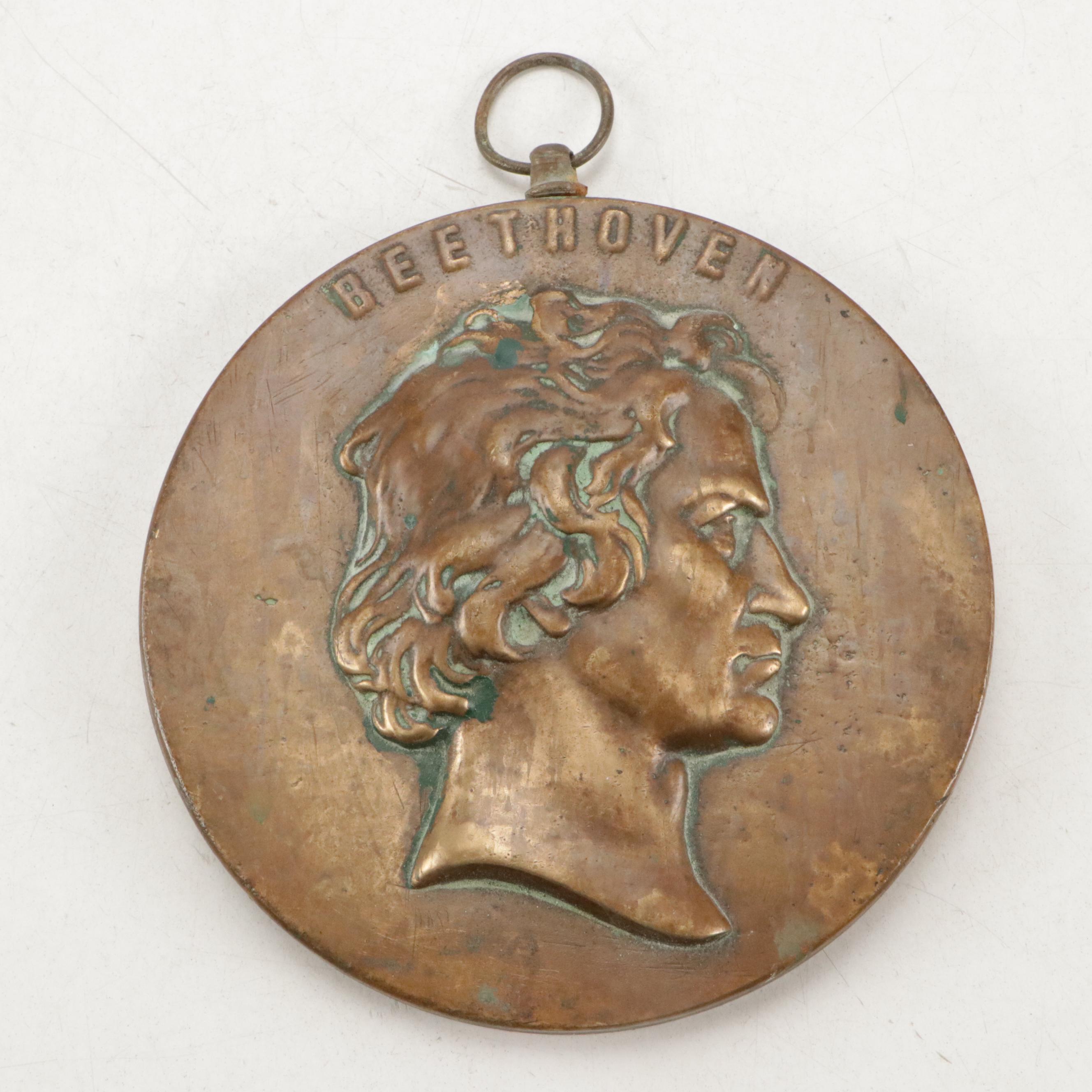 Painted Plaster Beethoven Bust with Embossed Uniface Metal Plaque