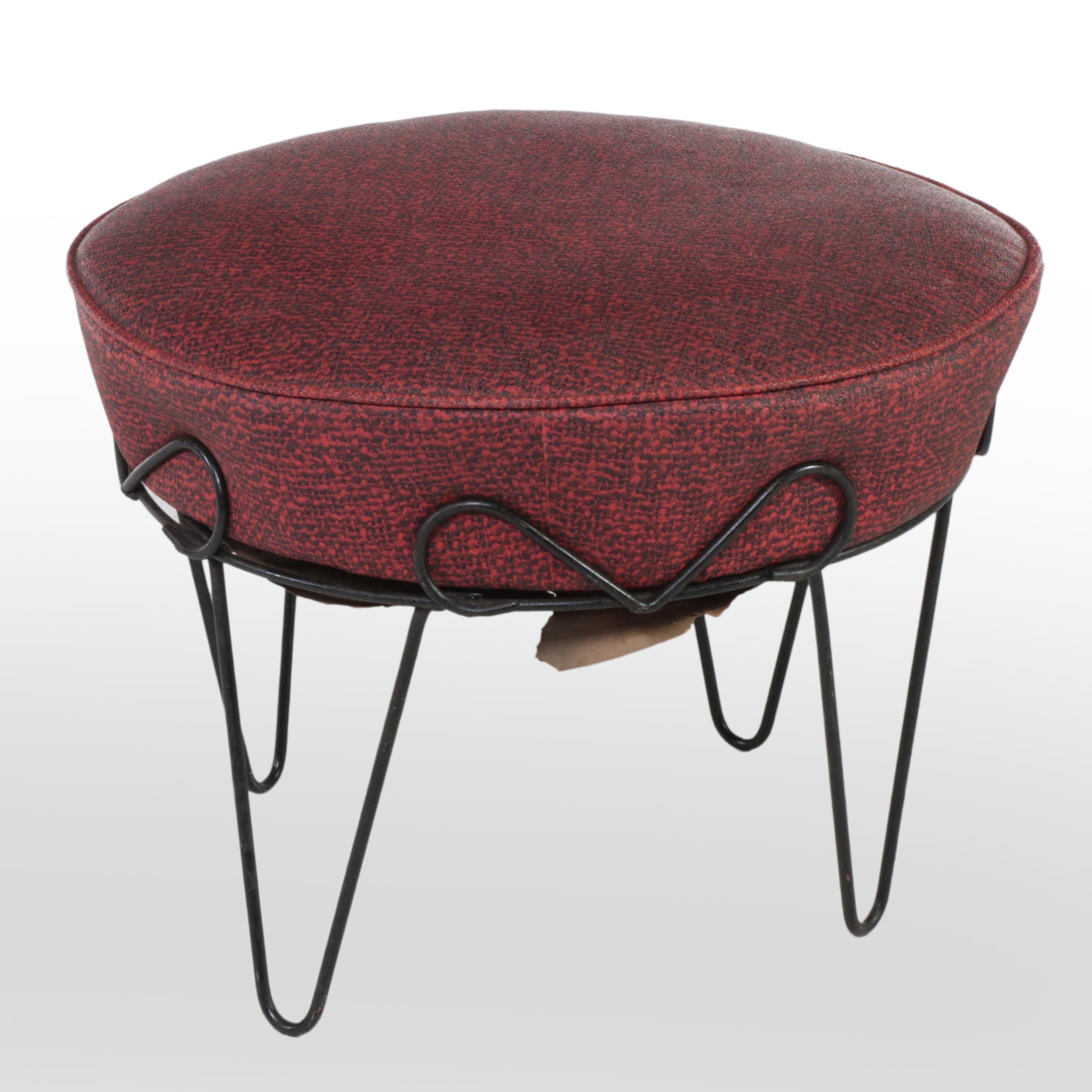 Mid Century Modern Steel Wire and Upholstered Footstool