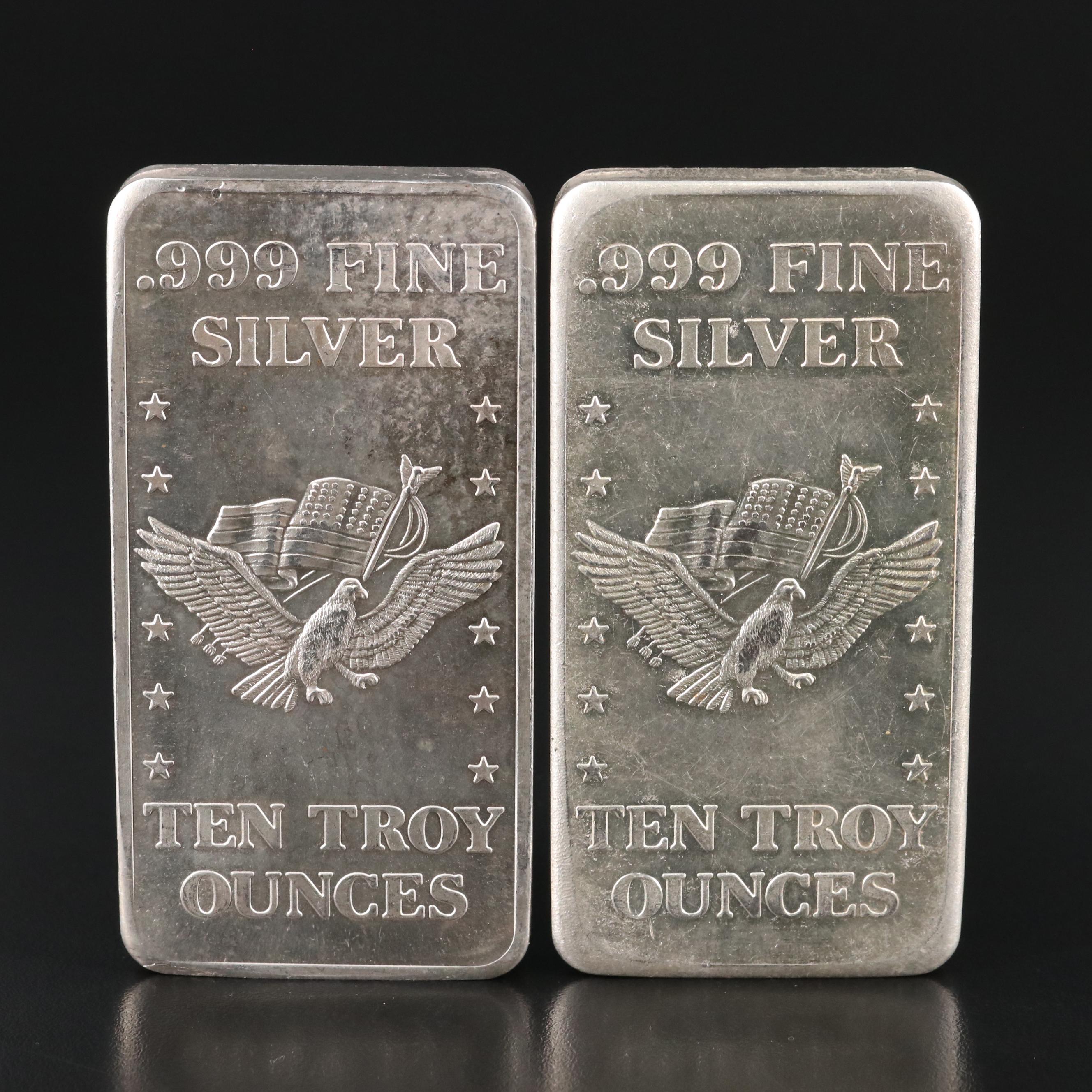 Two Ten Troy Ounce .999 Silver Bars