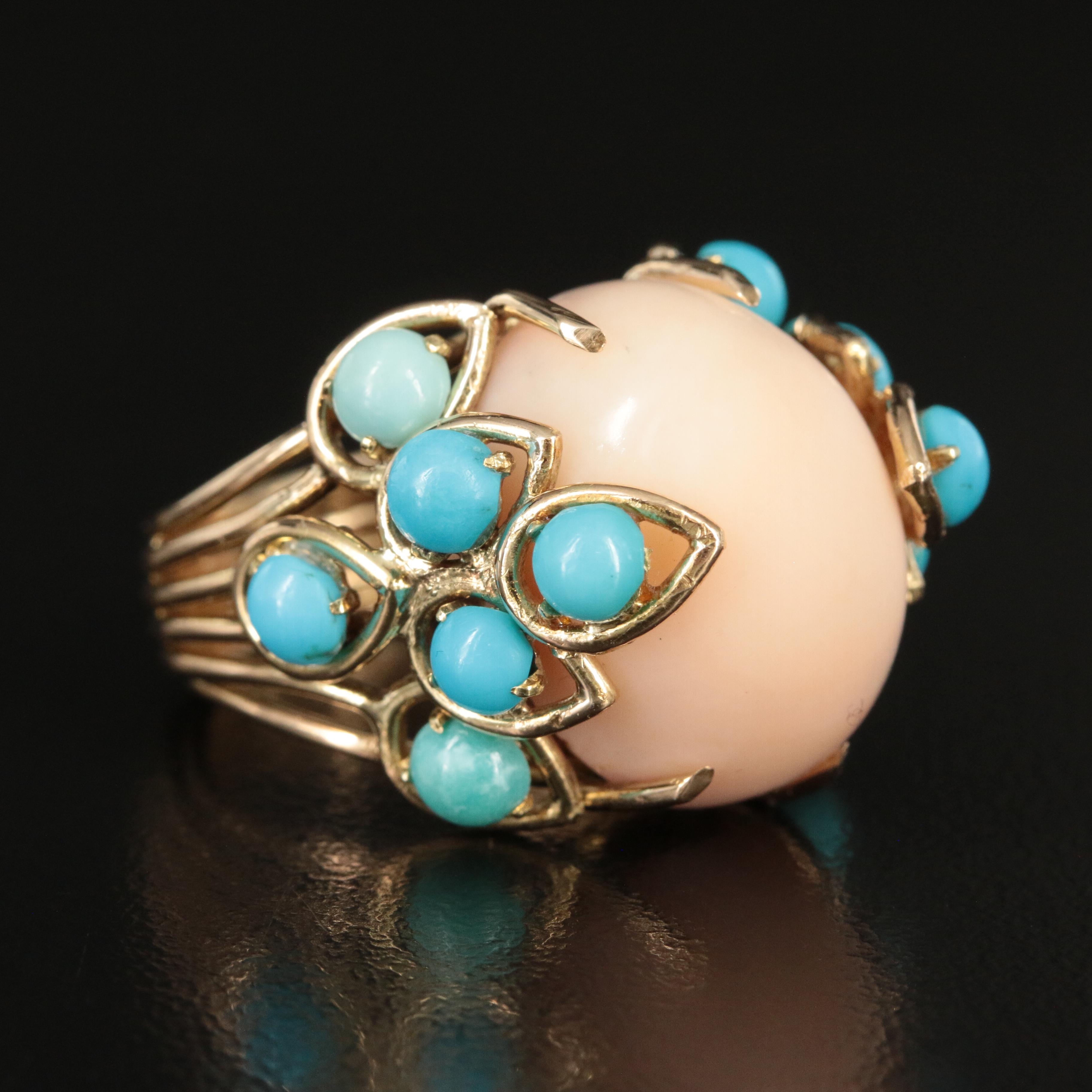 14K Coral and Turquoise Ring