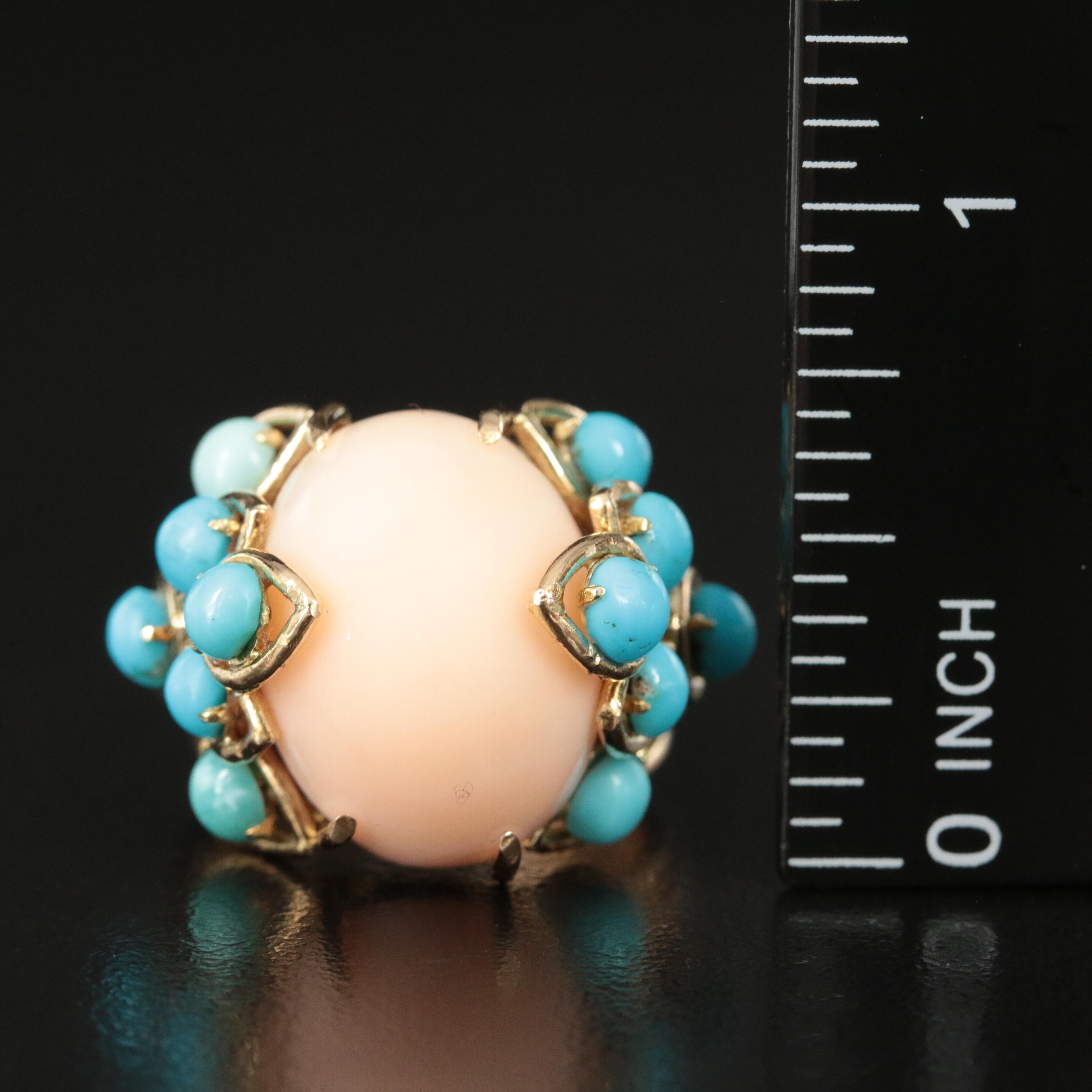 14K Coral and Turquoise Ring