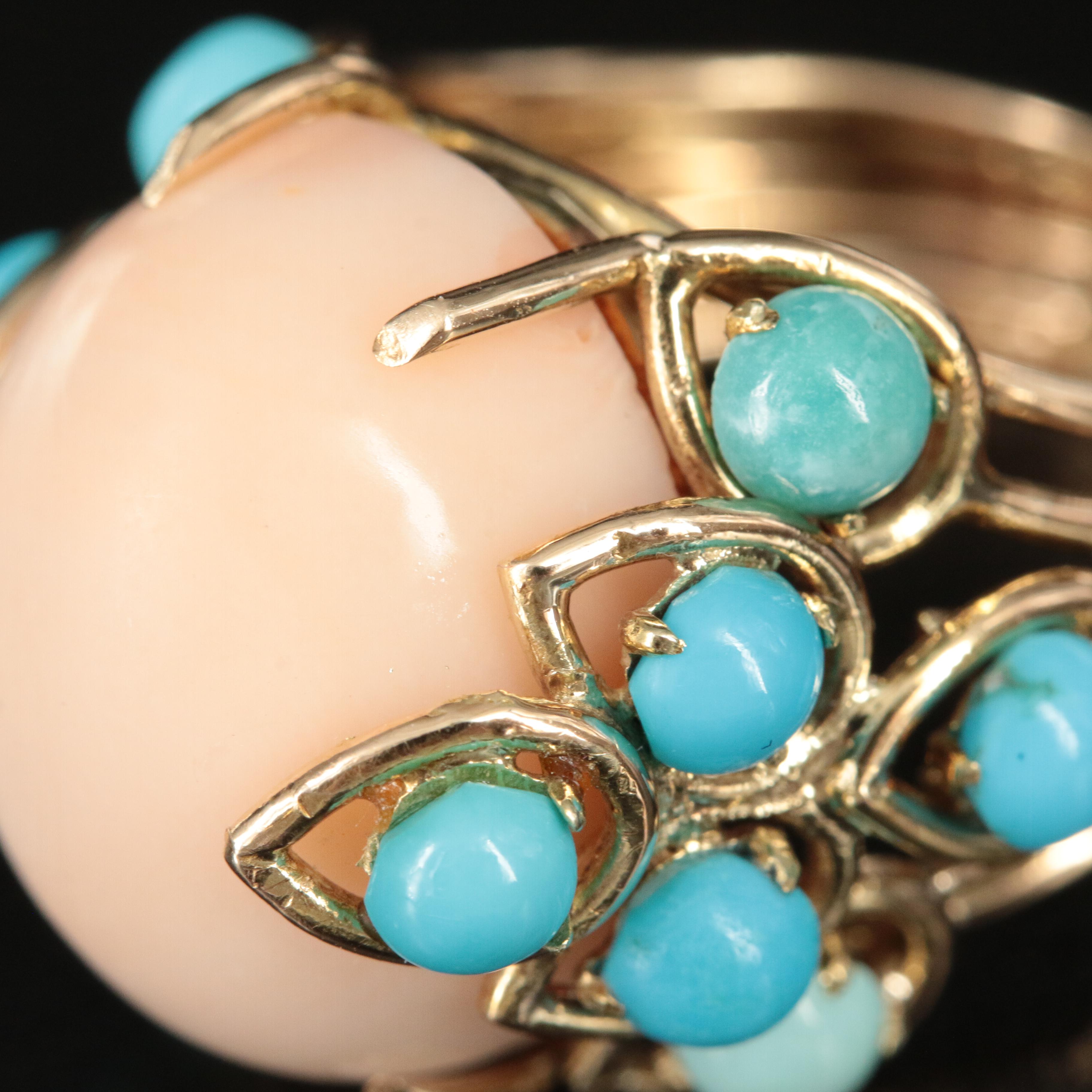 14K Coral and Turquoise Ring