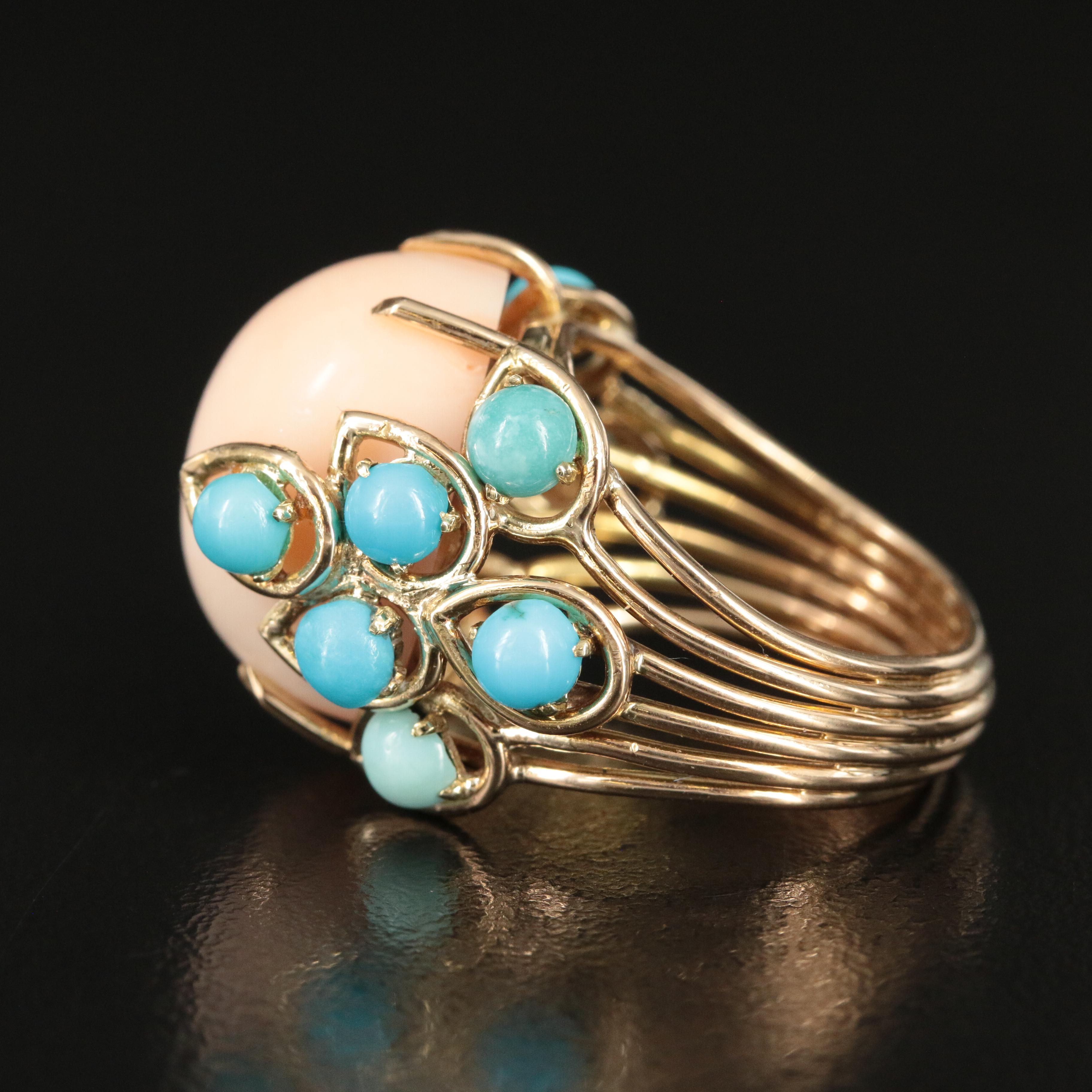 14K Coral and Turquoise Ring