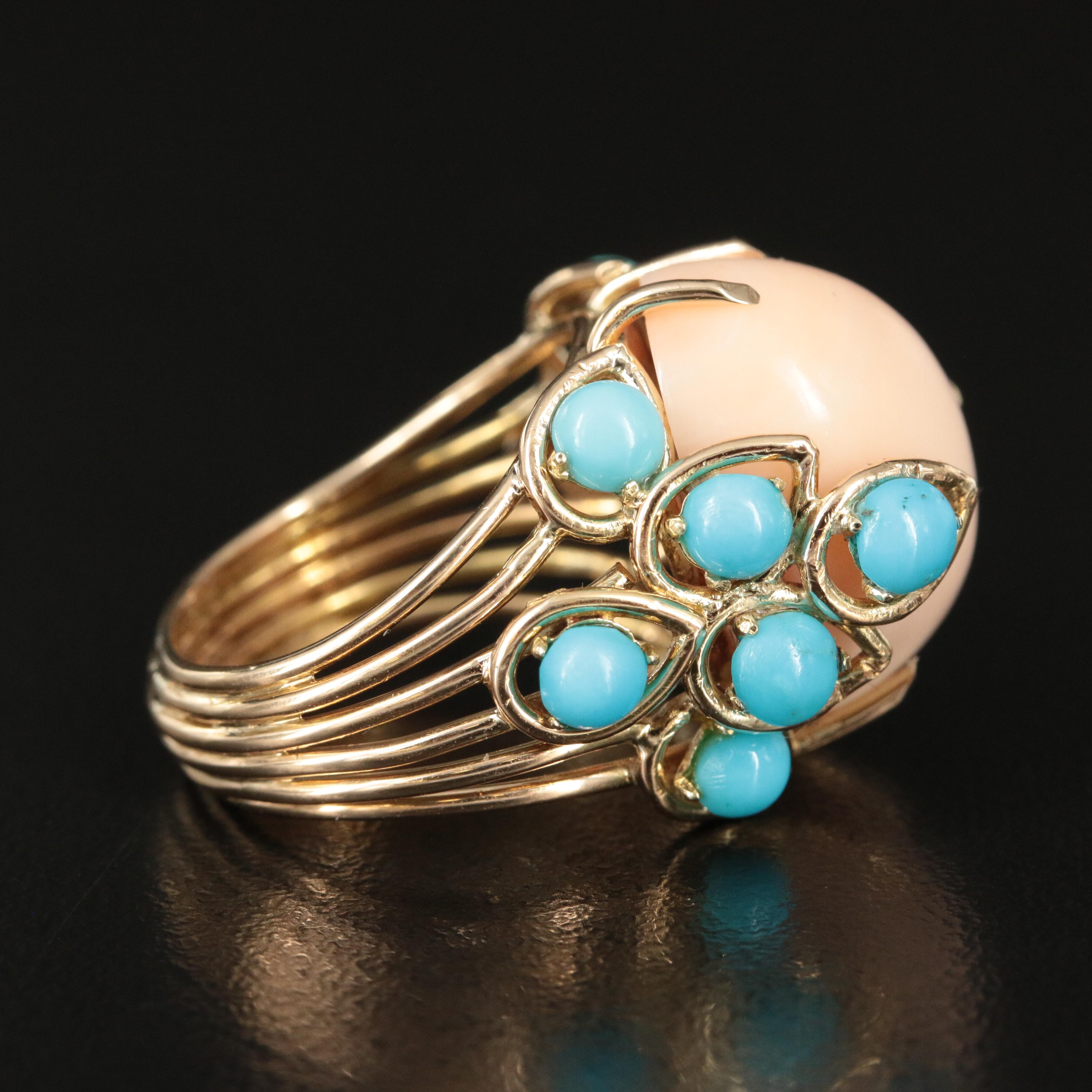 14K Coral and Turquoise Ring