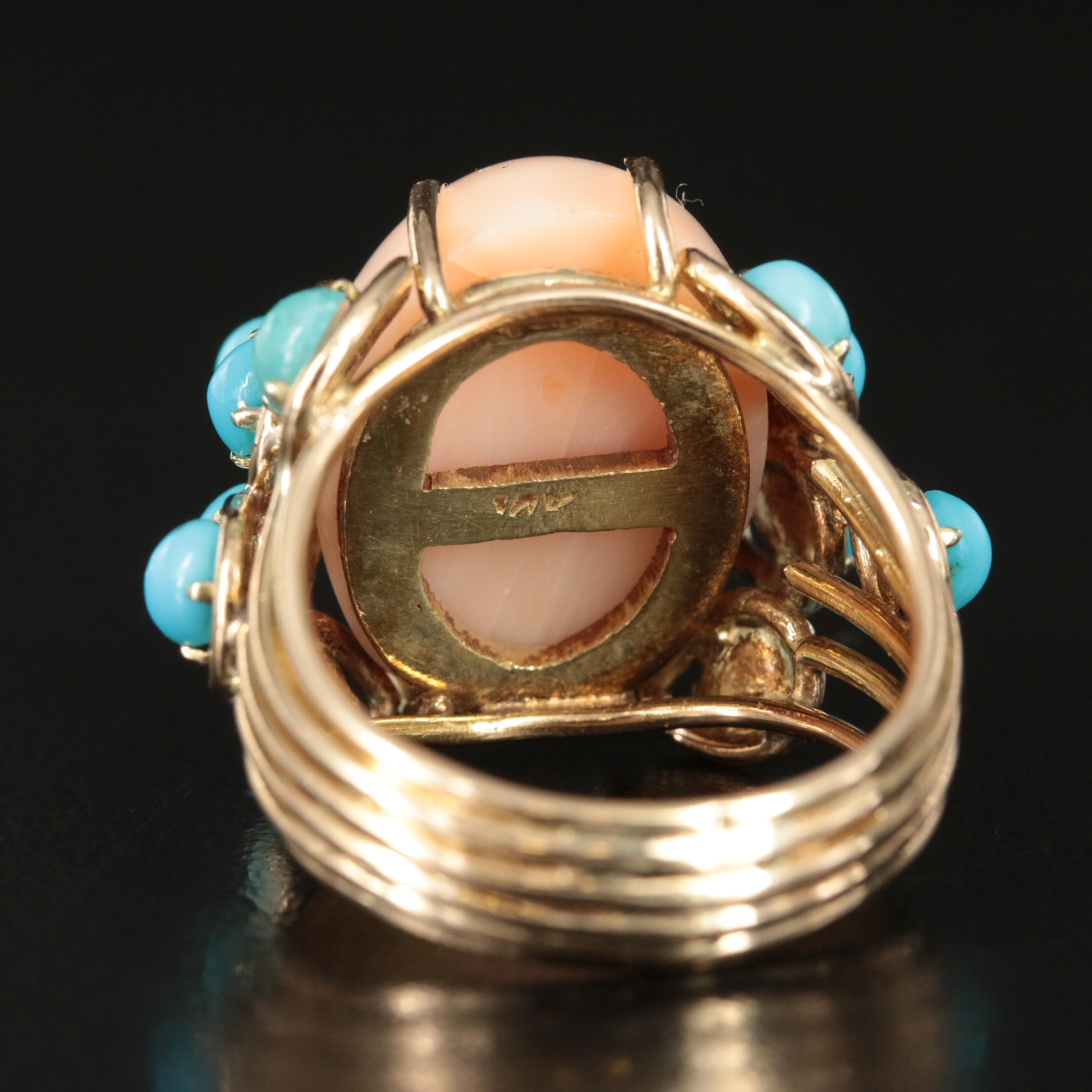 14K Coral and Turquoise Ring
