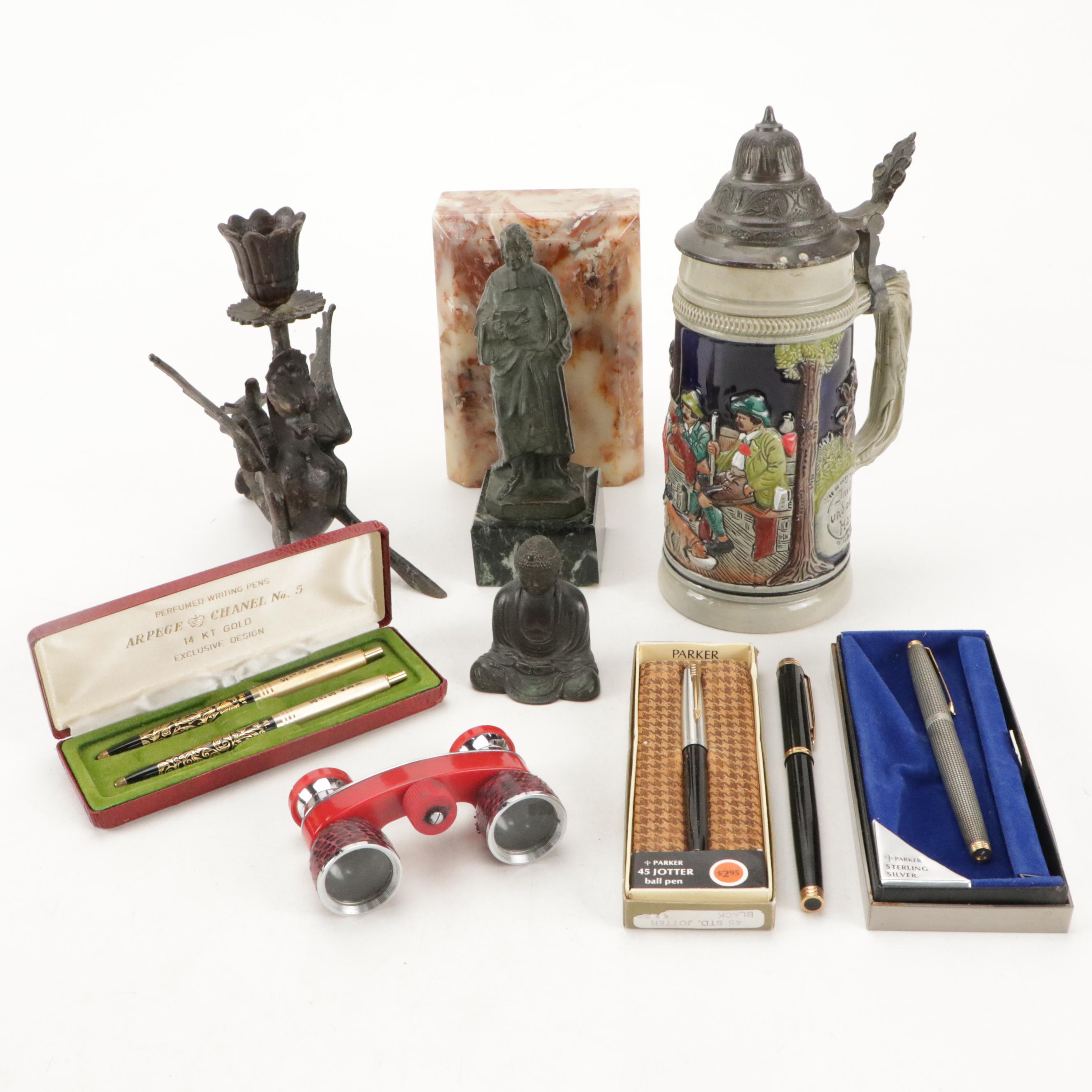 Arpege Chanel No. 5, Parker and Other Pens with Beer Stein, Candlestick and More