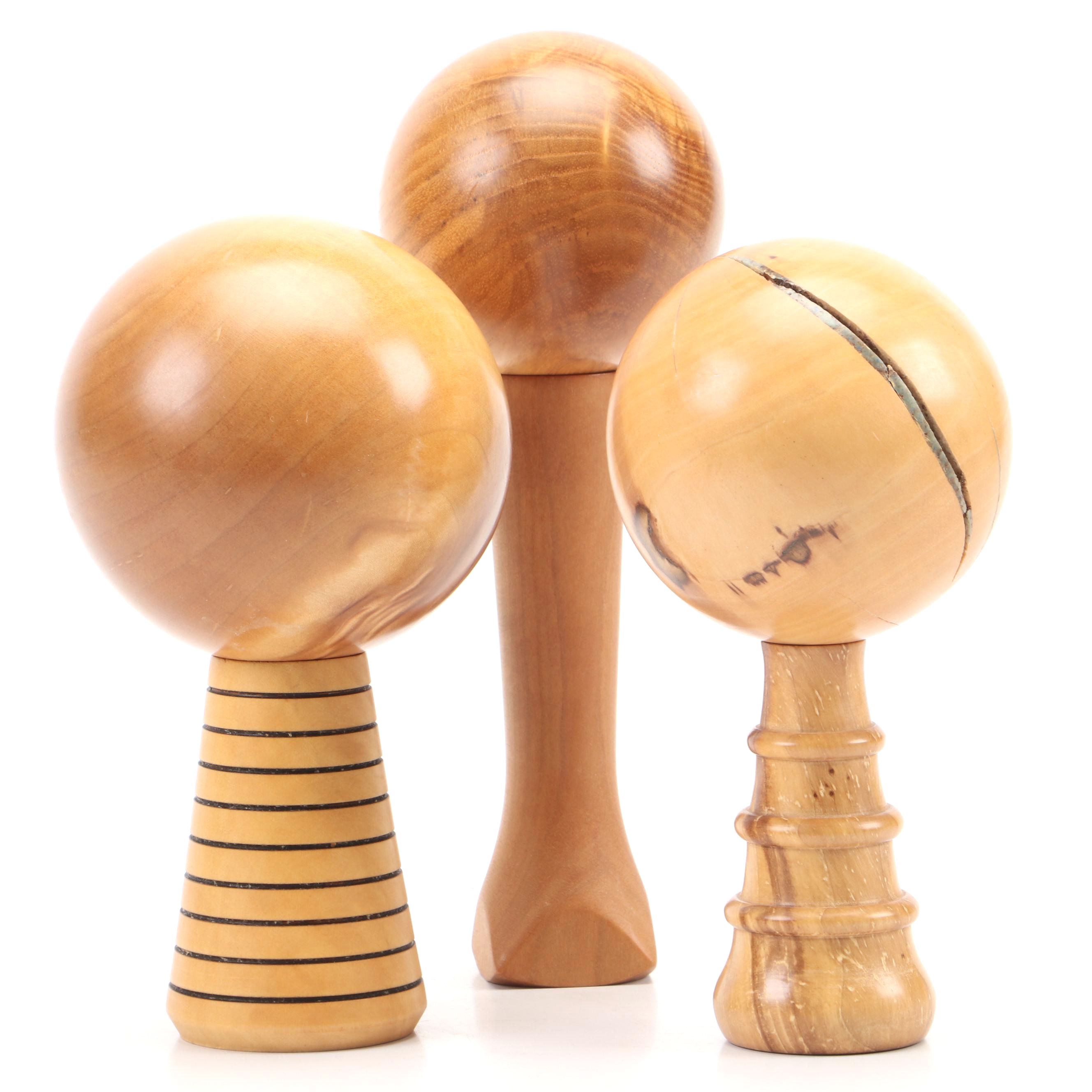 Artist Carved Wooden Spheres and Stands
