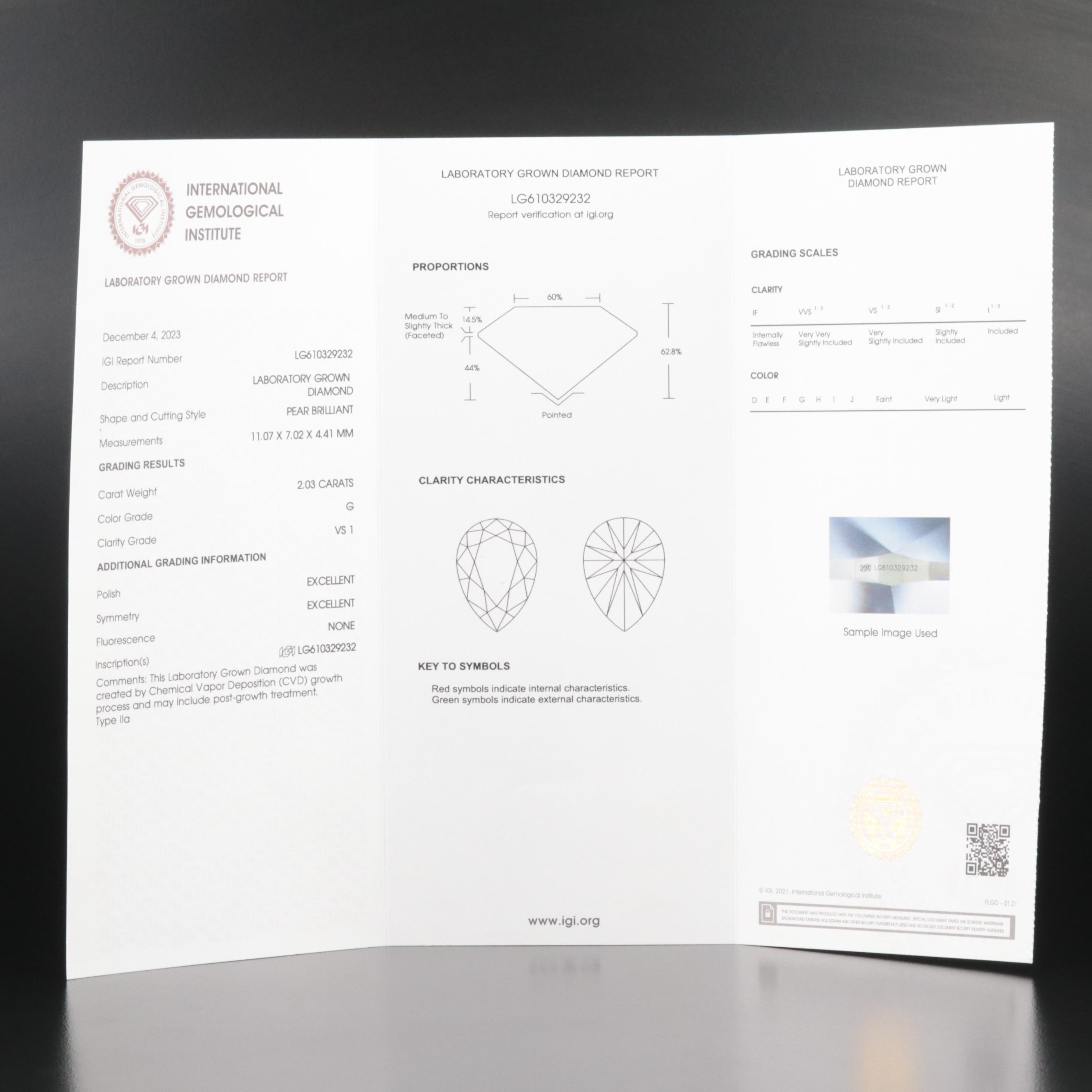 Loose 2.03 CT Lab Grown Diamond with IGI Report