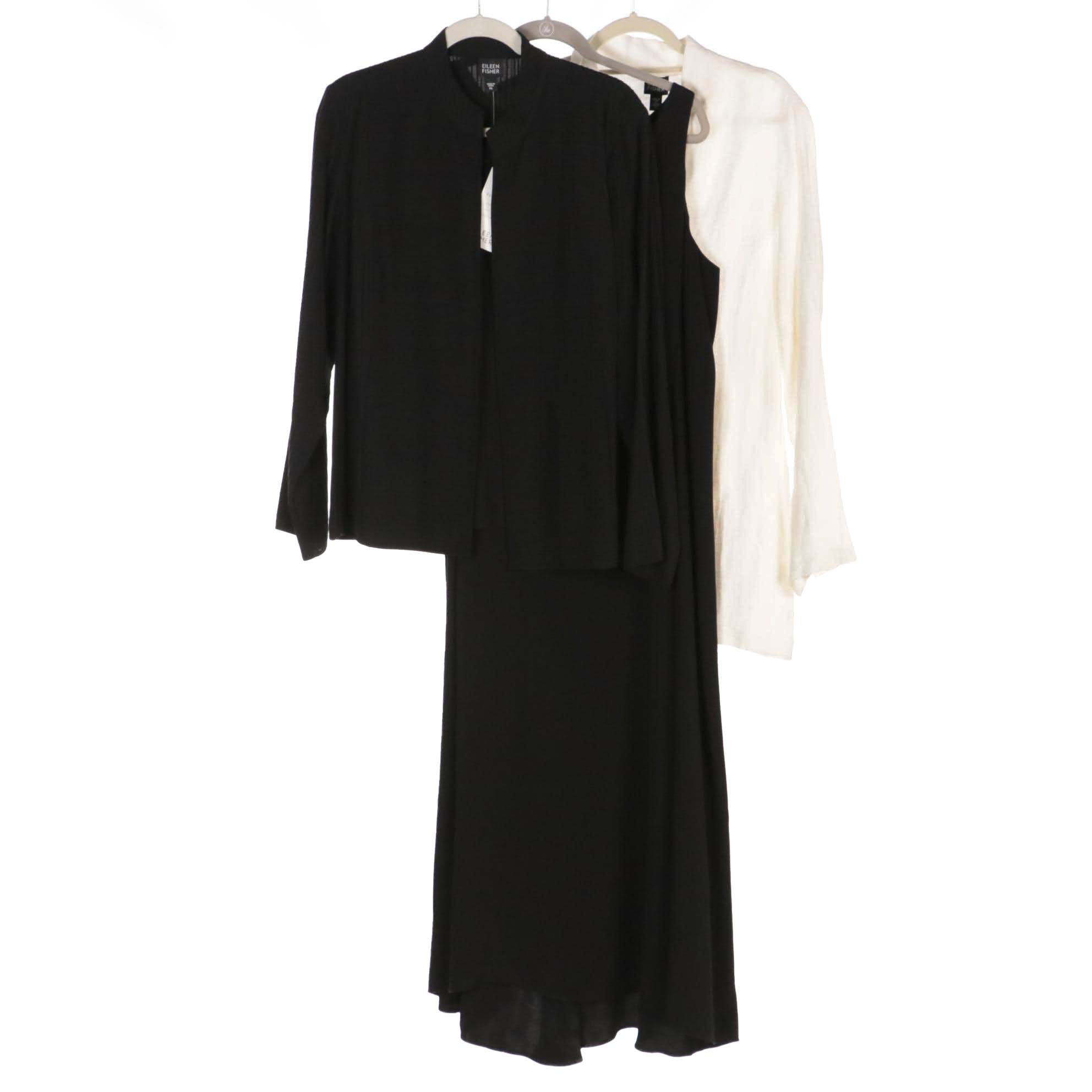 Eileen Fisher Silk Crepe Dress, Textured Silk Mandarin Collar Jacket & Blouse