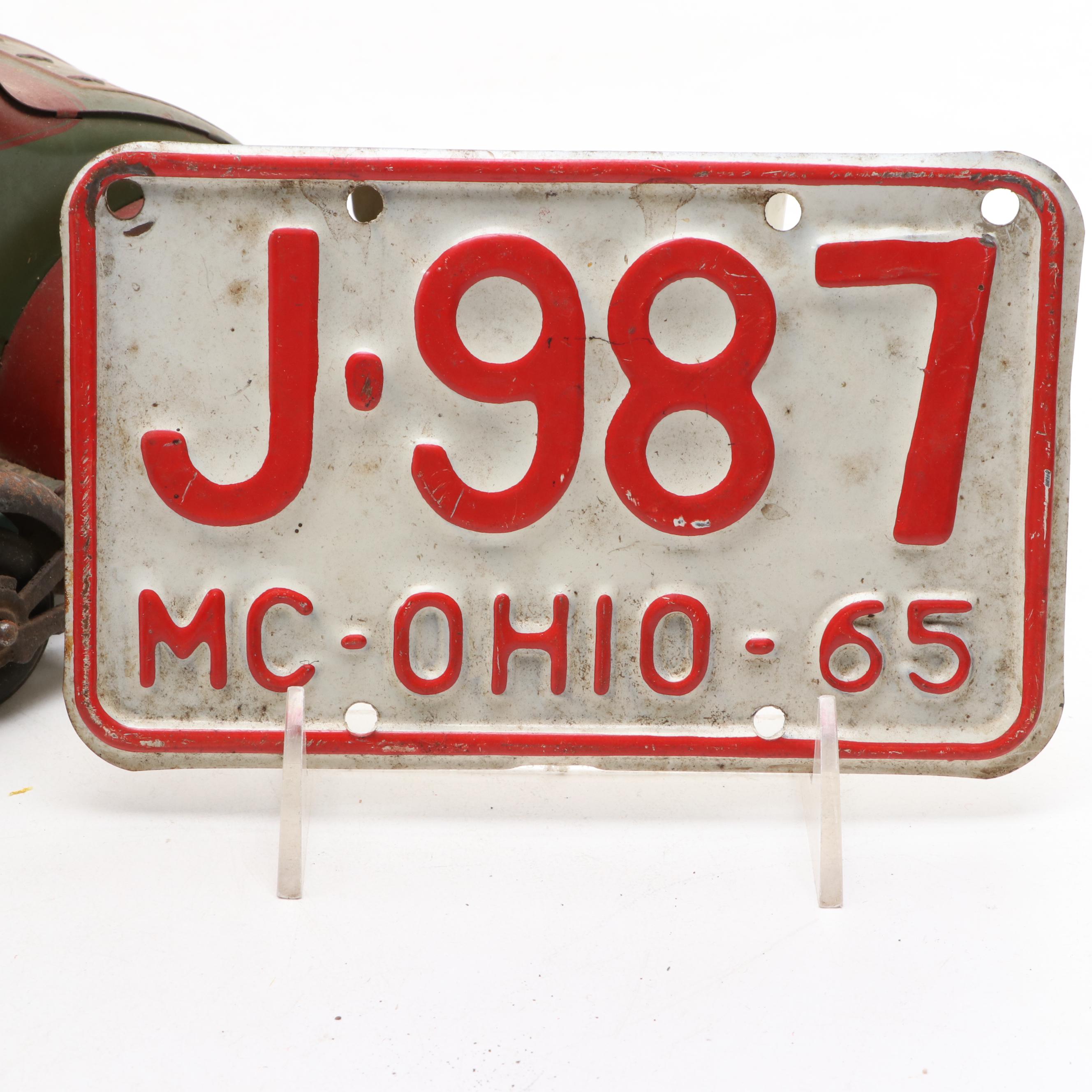 Louis Marx Pressed Steel Toy Car with Toy Motorcycle and License Plate