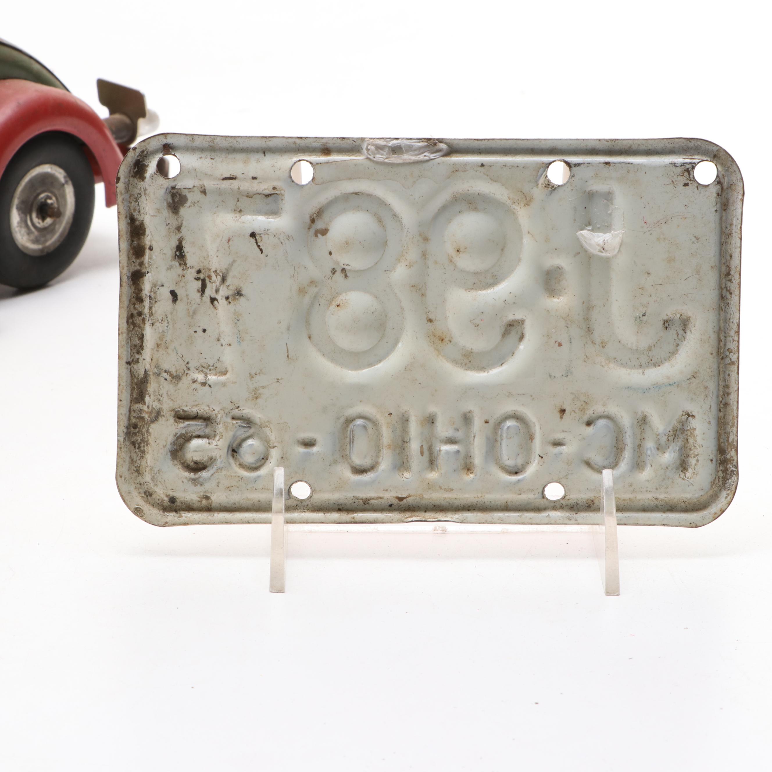 Louis Marx Pressed Steel Toy Car with Toy Motorcycle and License Plate
