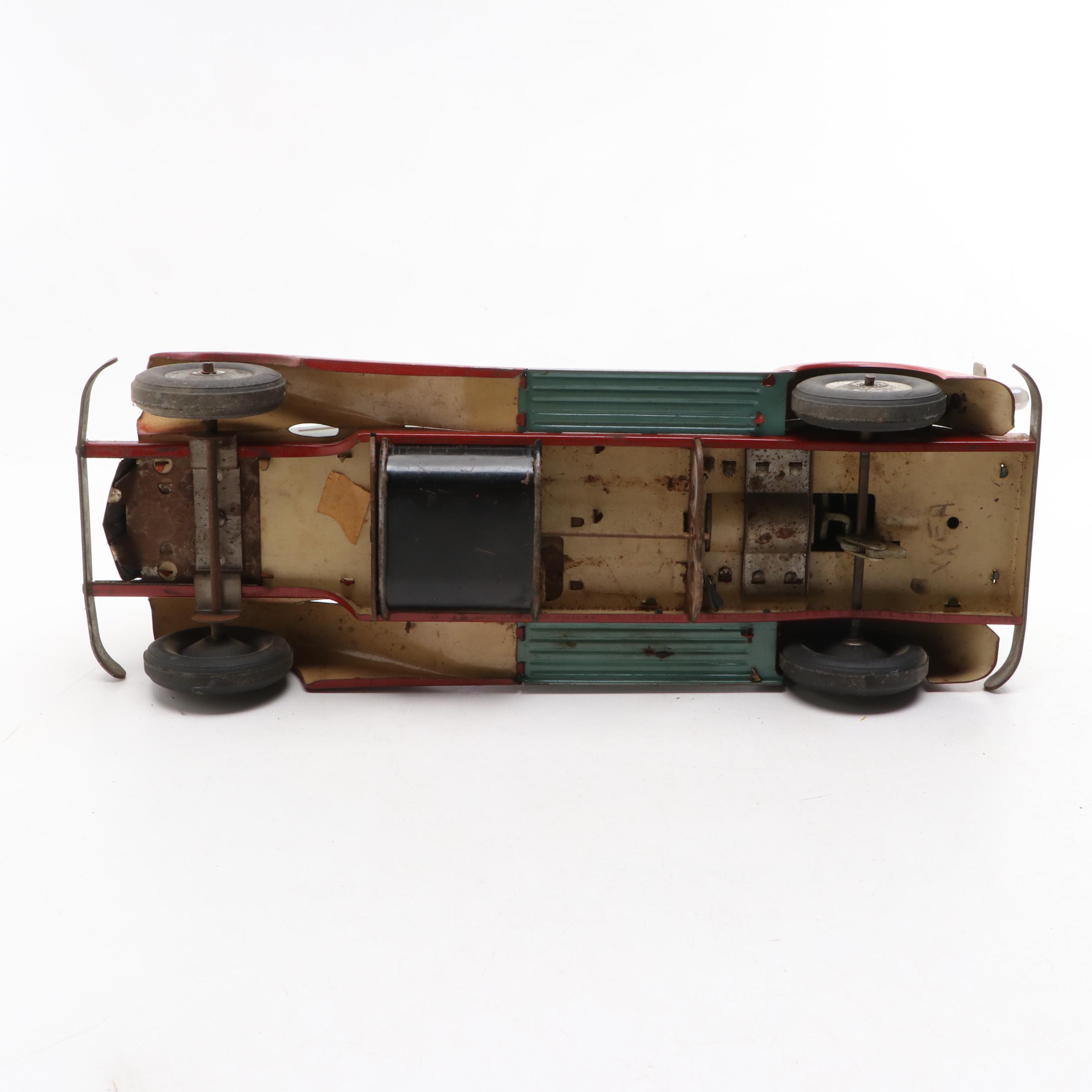 Louis Marx Pressed Steel Toy Car with Toy Motorcycle and License Plate