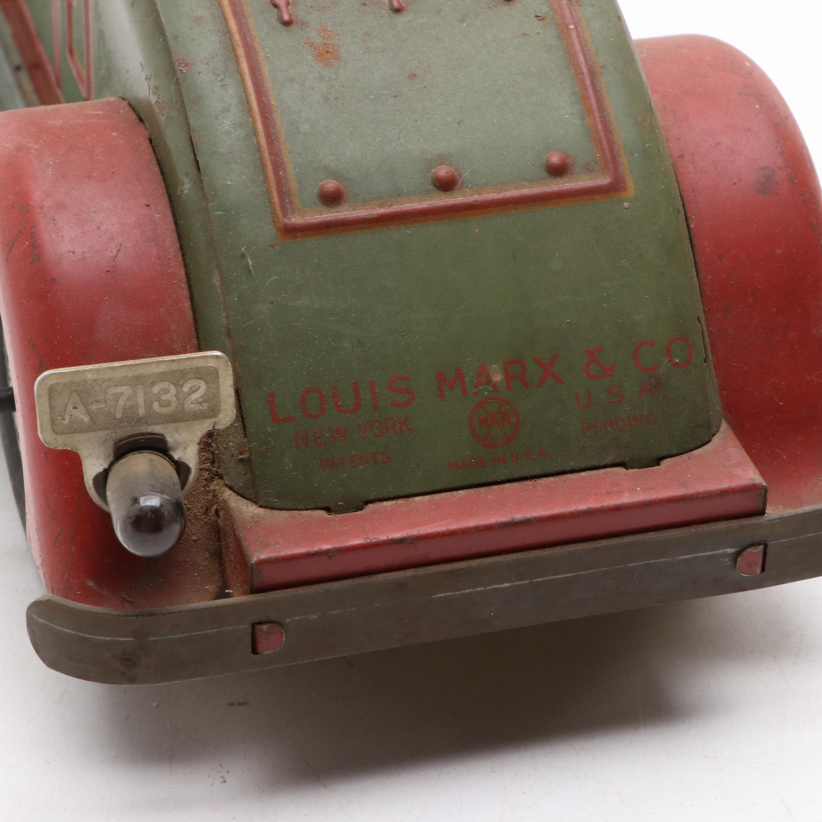 Louis Marx Pressed Steel Toy Car with Toy Motorcycle and License Plate