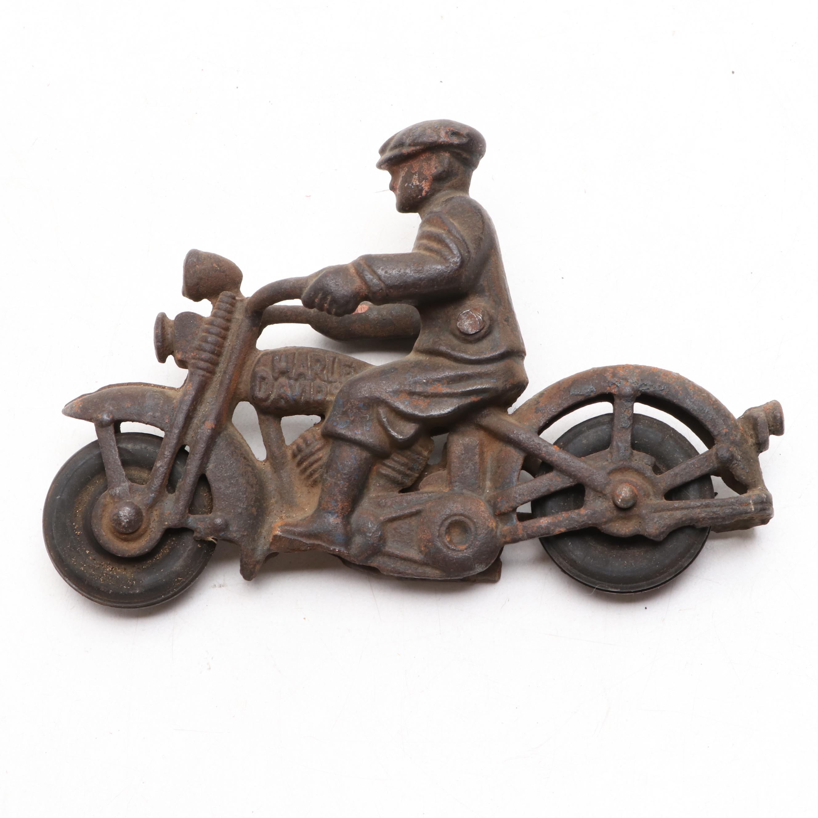 Louis Marx Pressed Steel Toy Car with Toy Motorcycle and License Plate