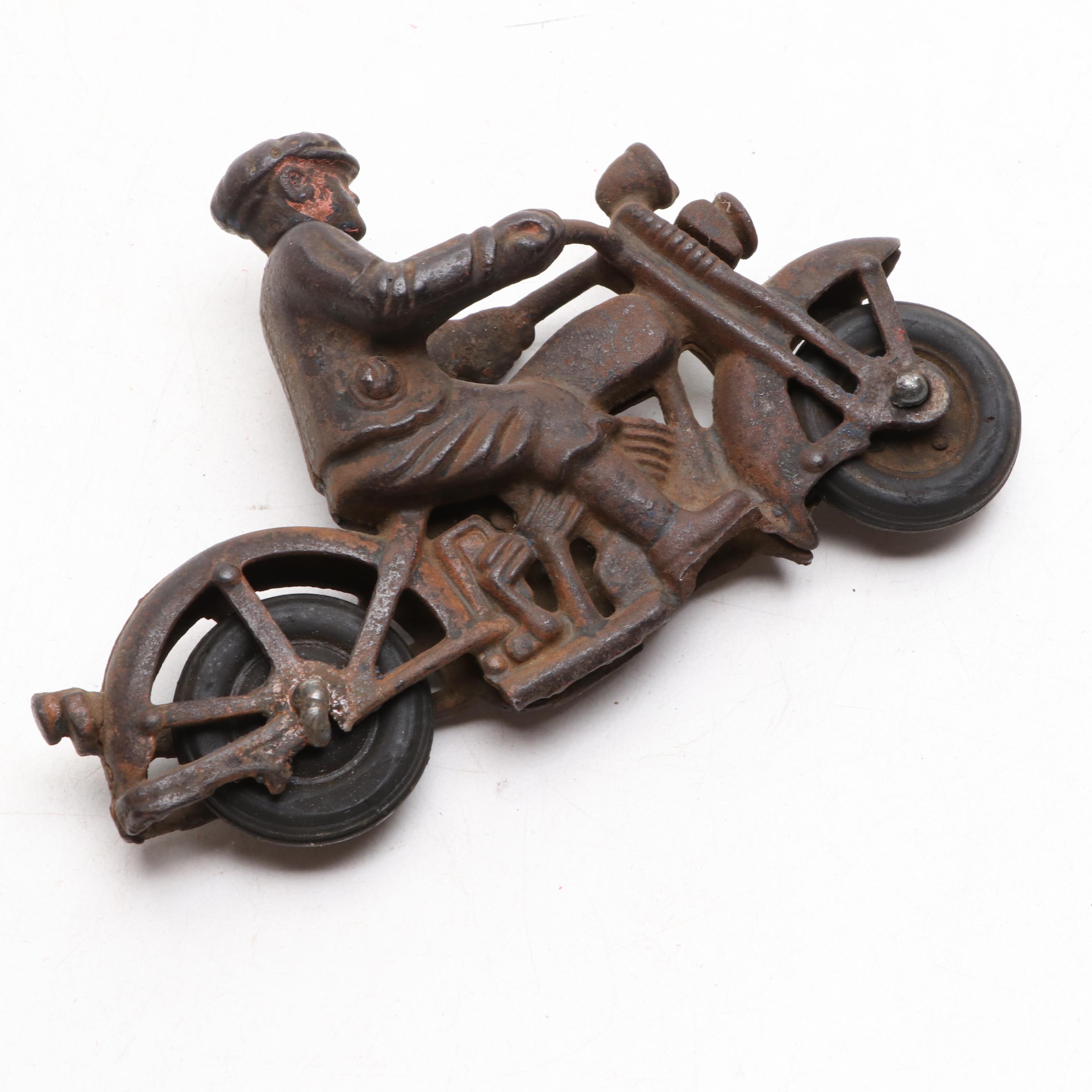 Louis Marx Pressed Steel Toy Car with Toy Motorcycle and License Plate