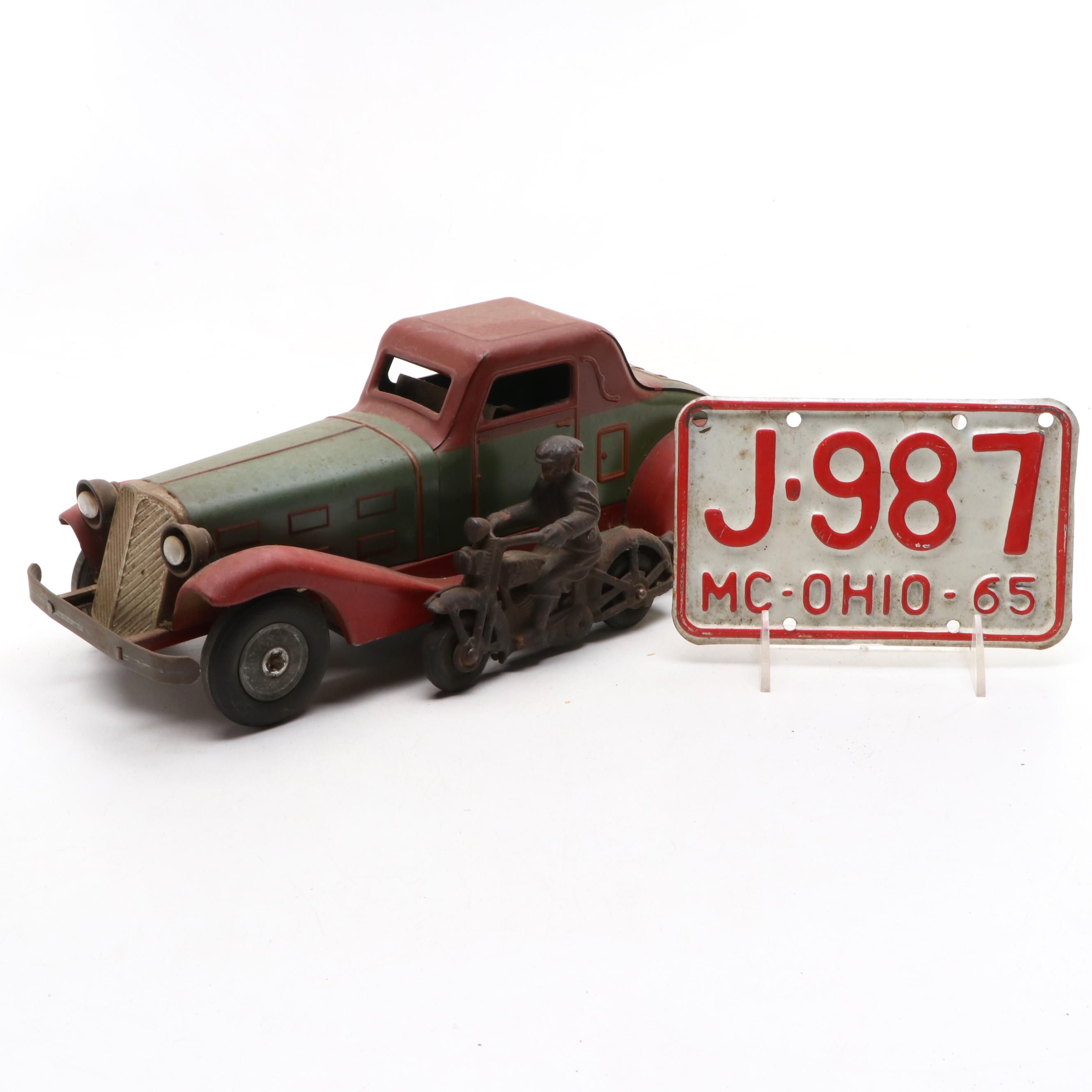 Louis Marx Pressed Steel Toy Car with Toy Motorcycle and License Plate