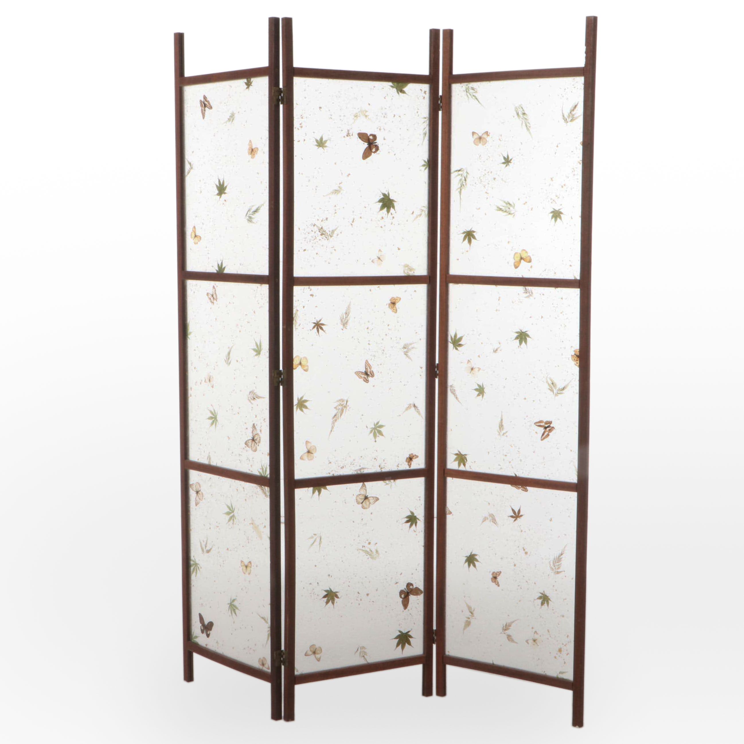 Mid Century Modern Butterfly and Leaf Motif Wood and Plastic Room Screen