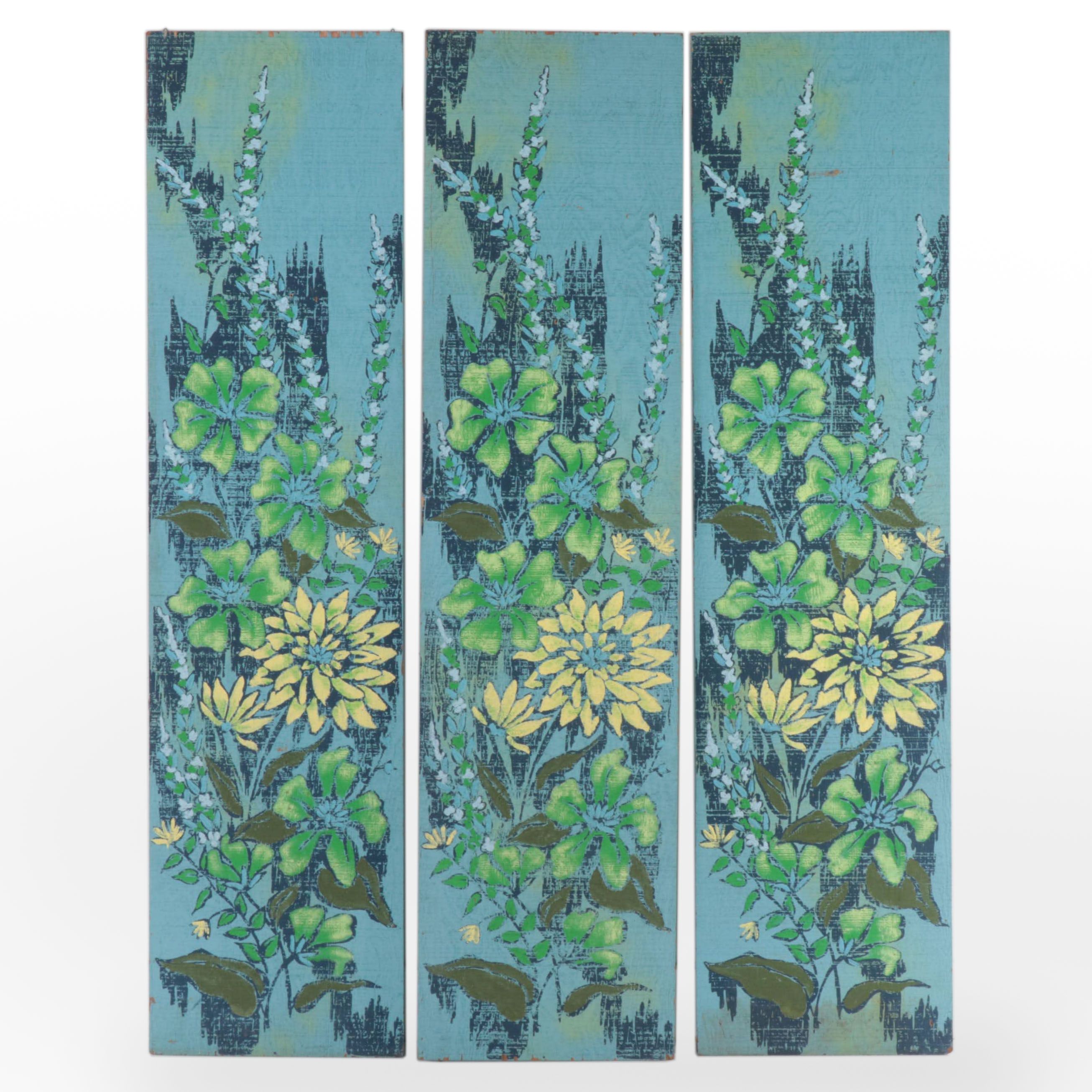 Three Mid Century Modern Floral-Painted Wooden Panels