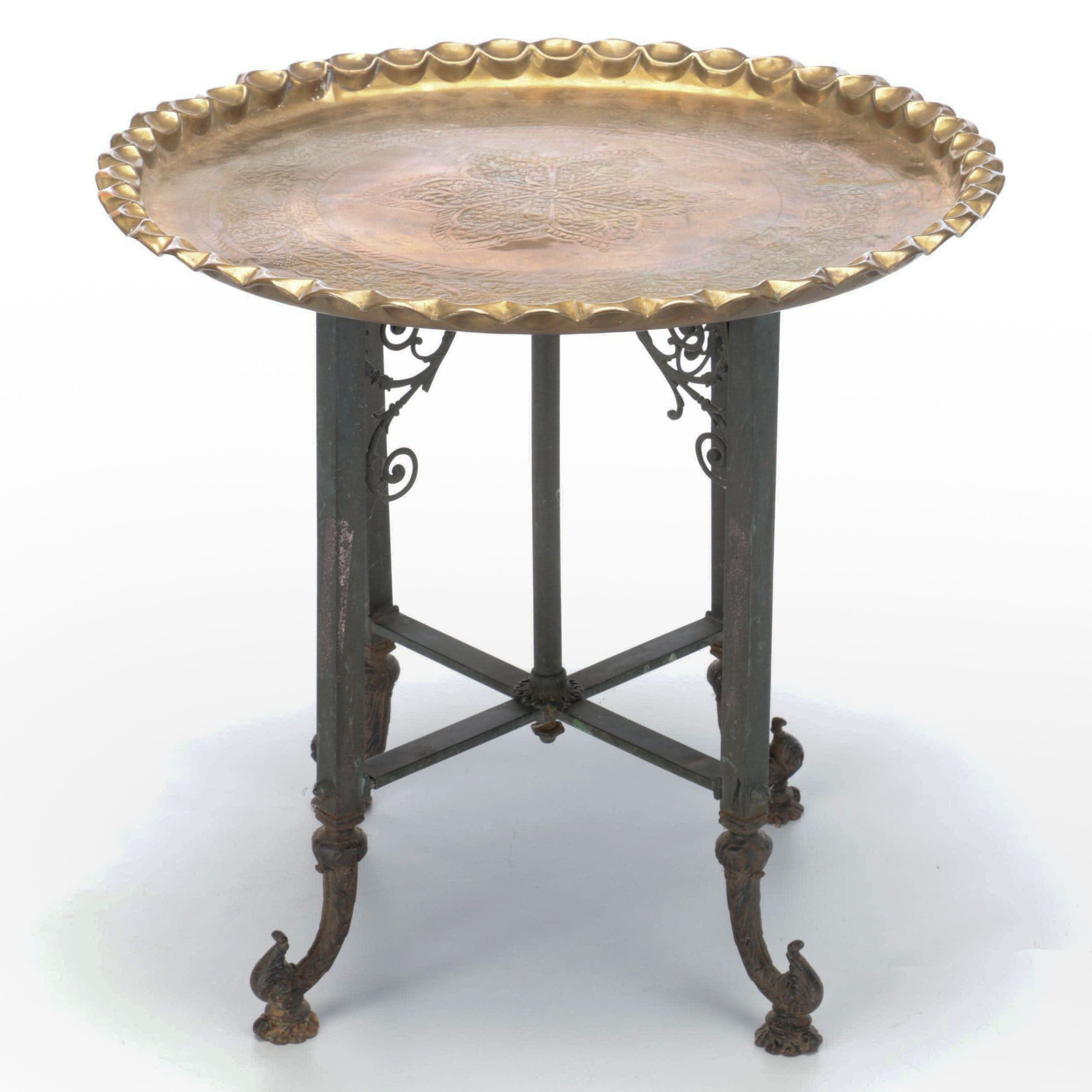 Victorian Iron Table Base with Hammered Brass Tray Top