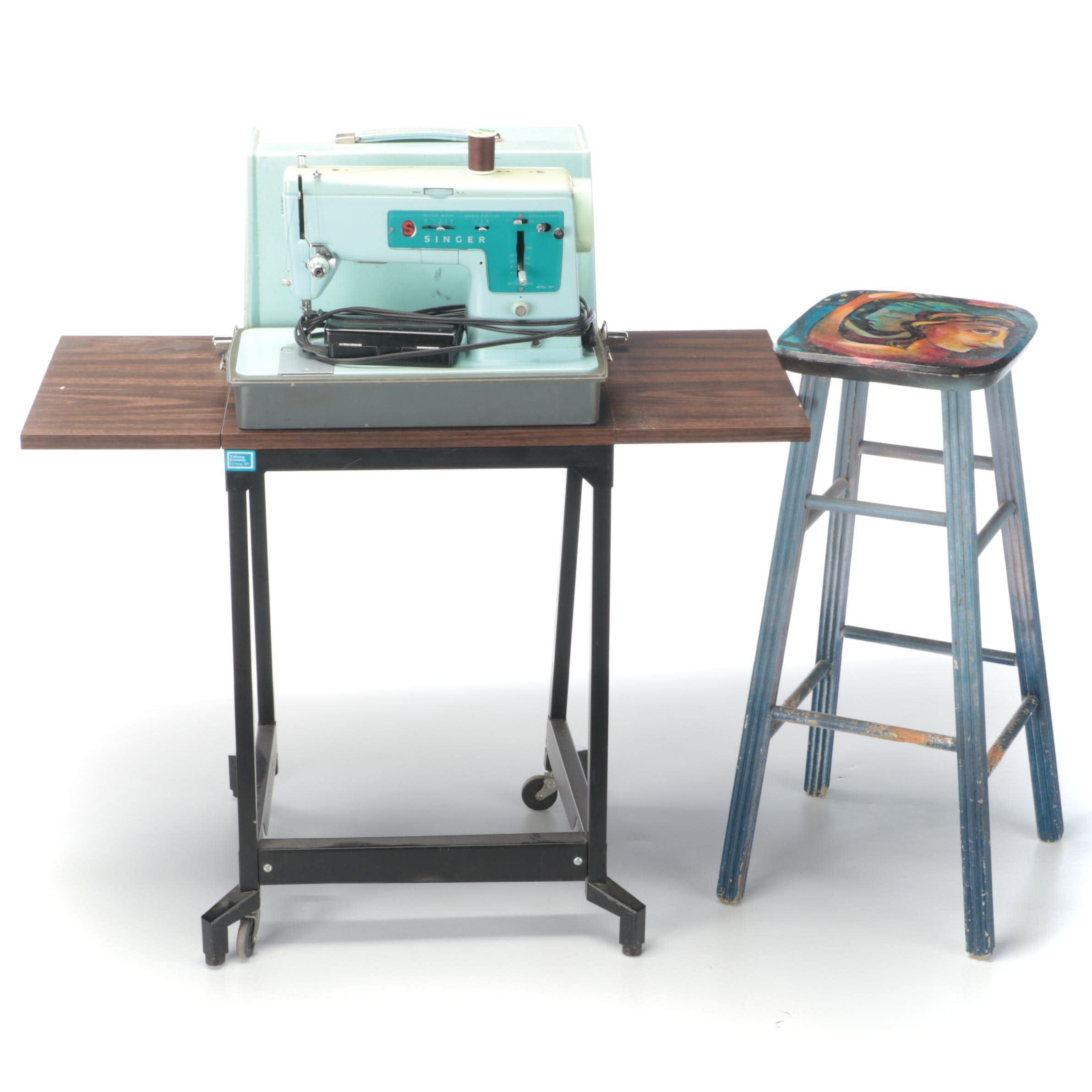 Singer Model 347 Turquoise Sewing Machine with Table and Stool