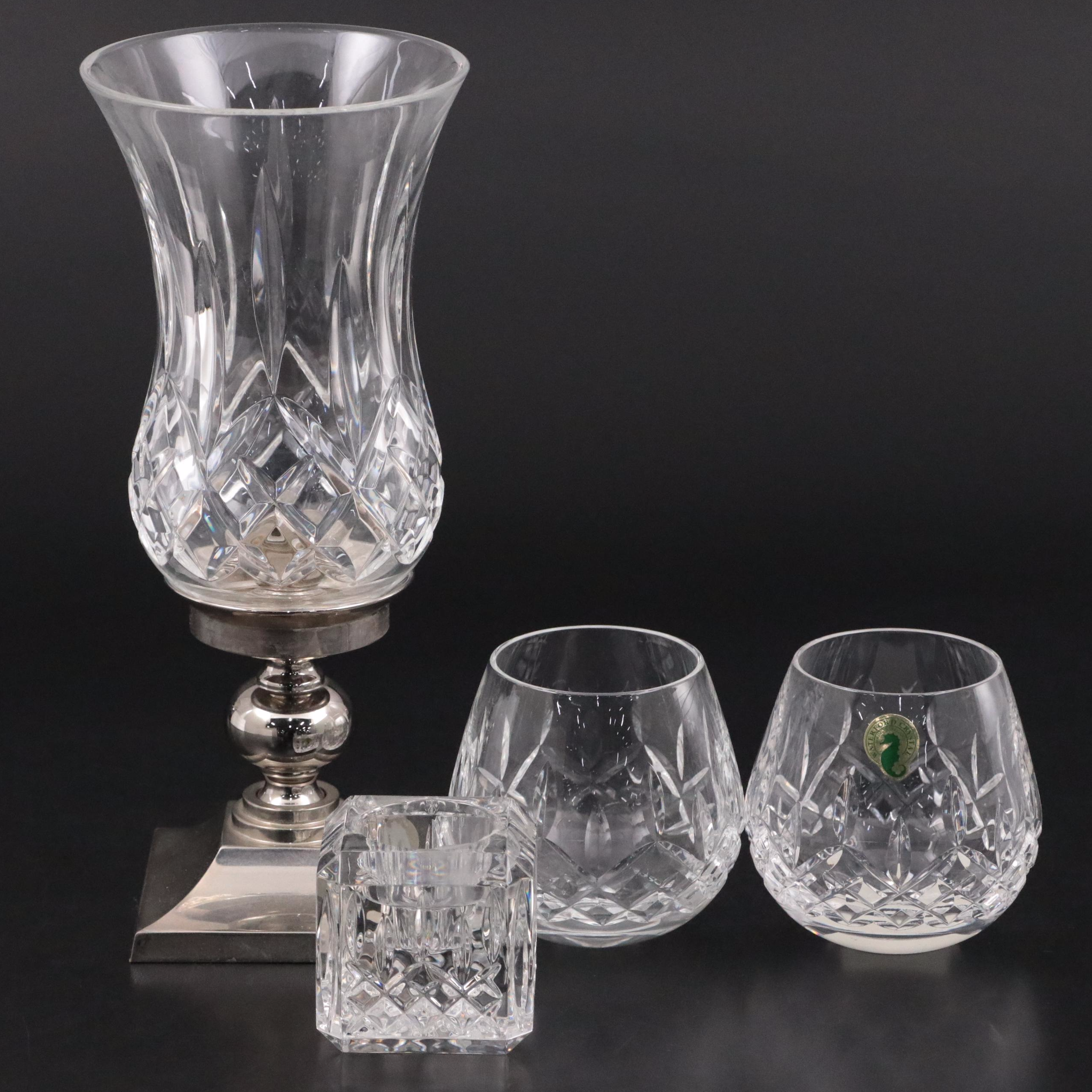 Waterford "Lismore" Crystal Hurricane Candle Holder, Votives and Candle