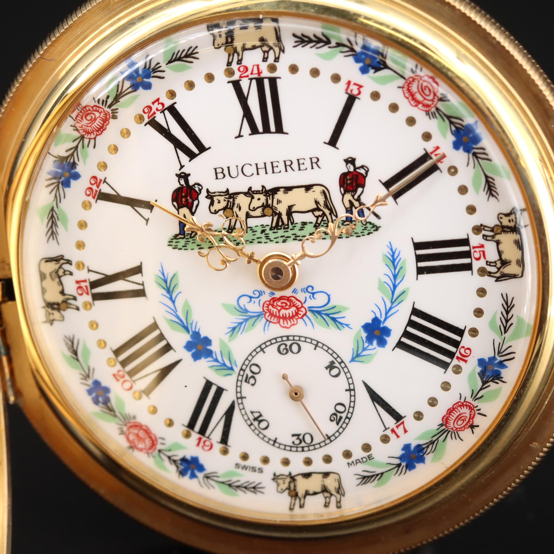 Swiss Made Bucherer Scenic Ornate Hunting Case Pocket Watch