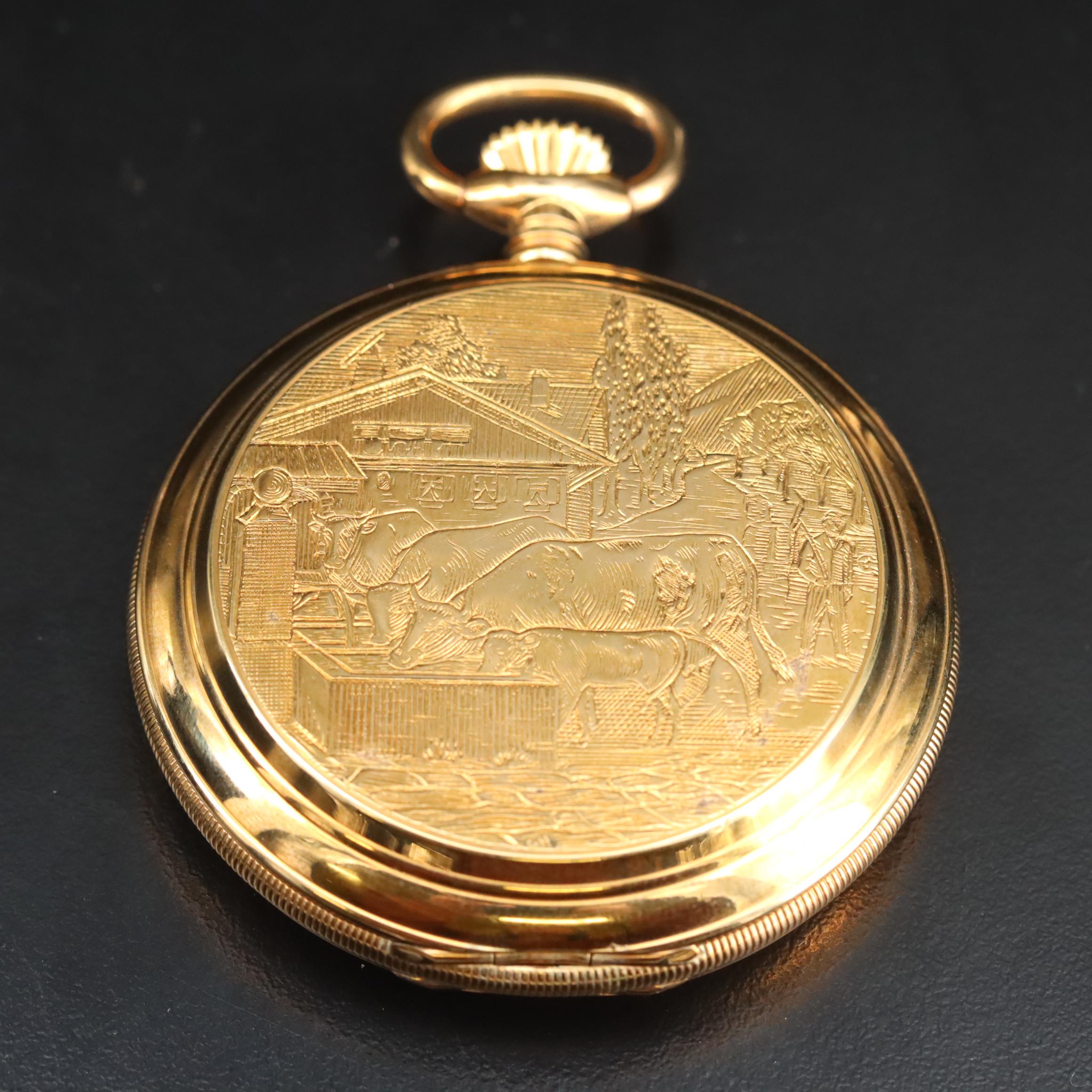 Swiss Made Bucherer Scenic Ornate Hunting Case Pocket Watch