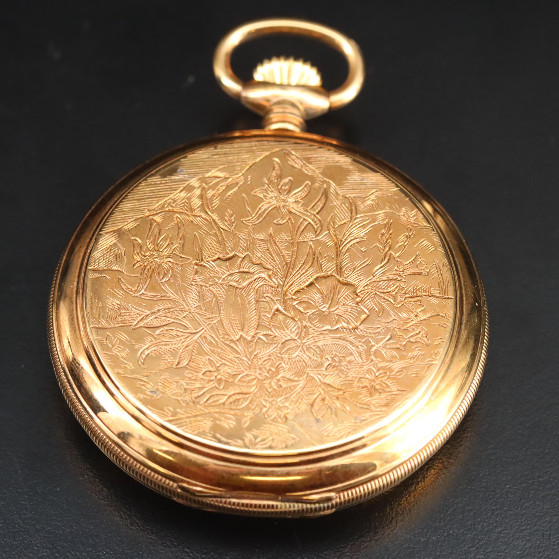Swiss Made Bucherer Scenic Ornate Hunting Case Pocket Watch